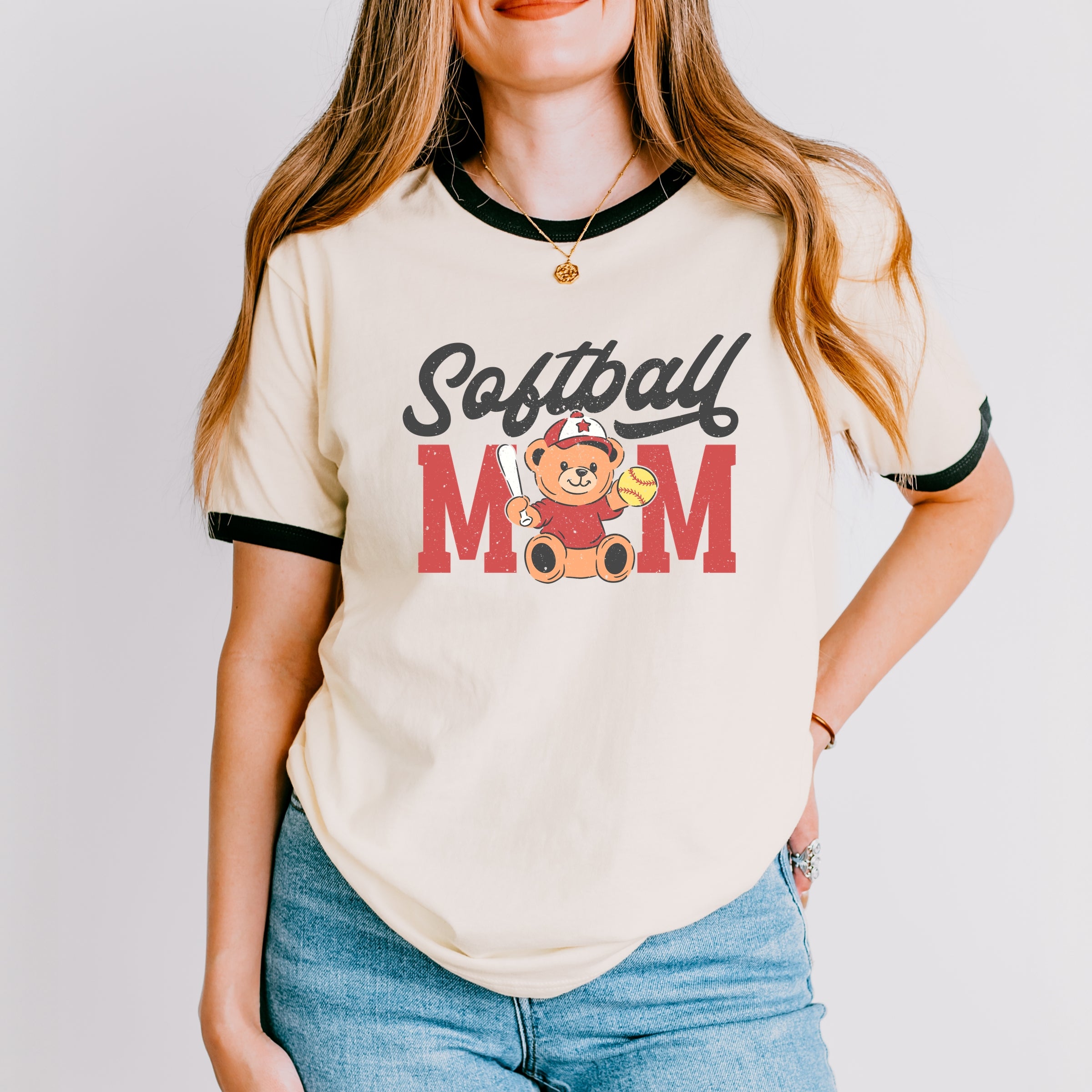 Softball Mom Teddy Bear - Women's Ringer Graphic T-Shirt