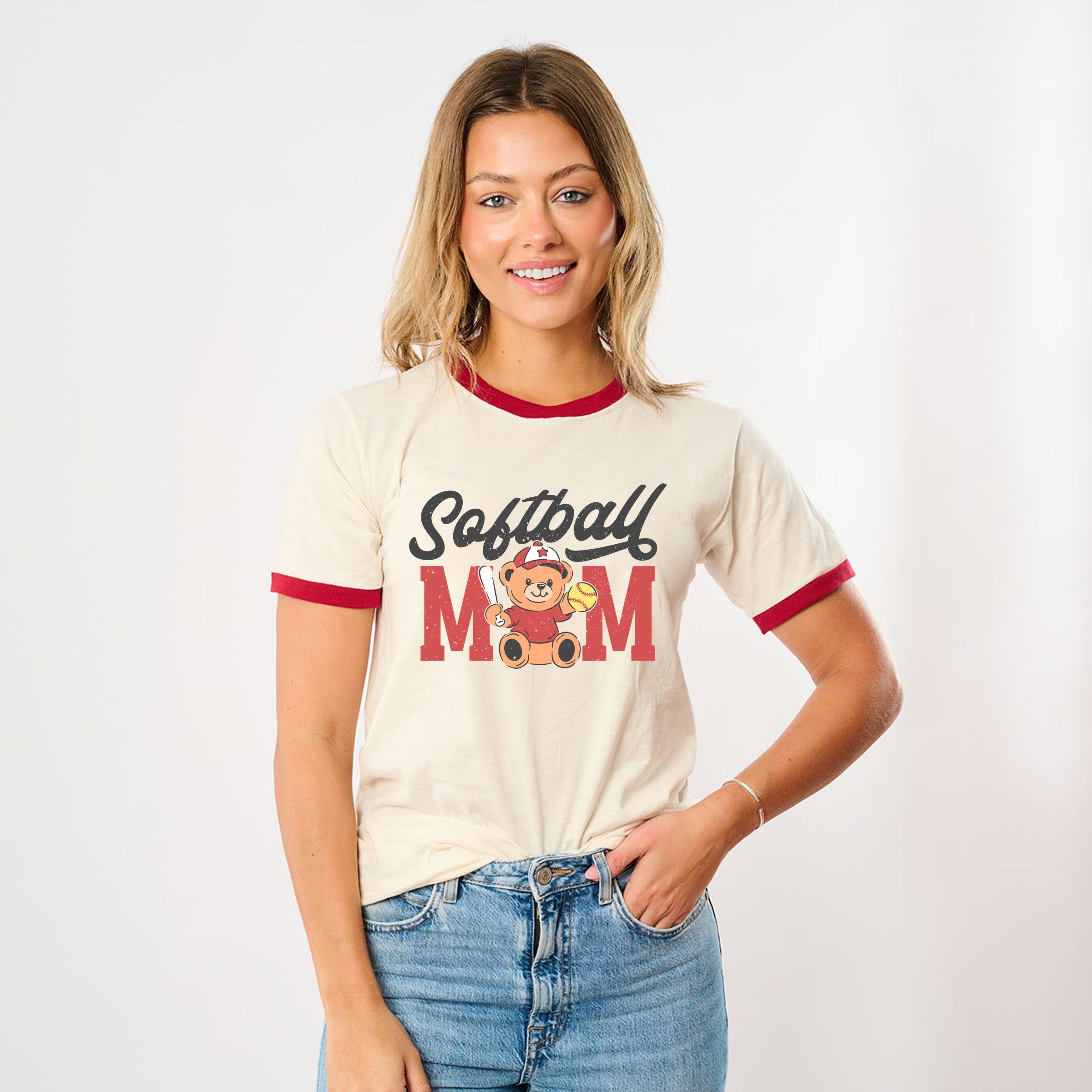 Softball Mom Teddy Bear - Women's Ringer Graphic T-Shirt