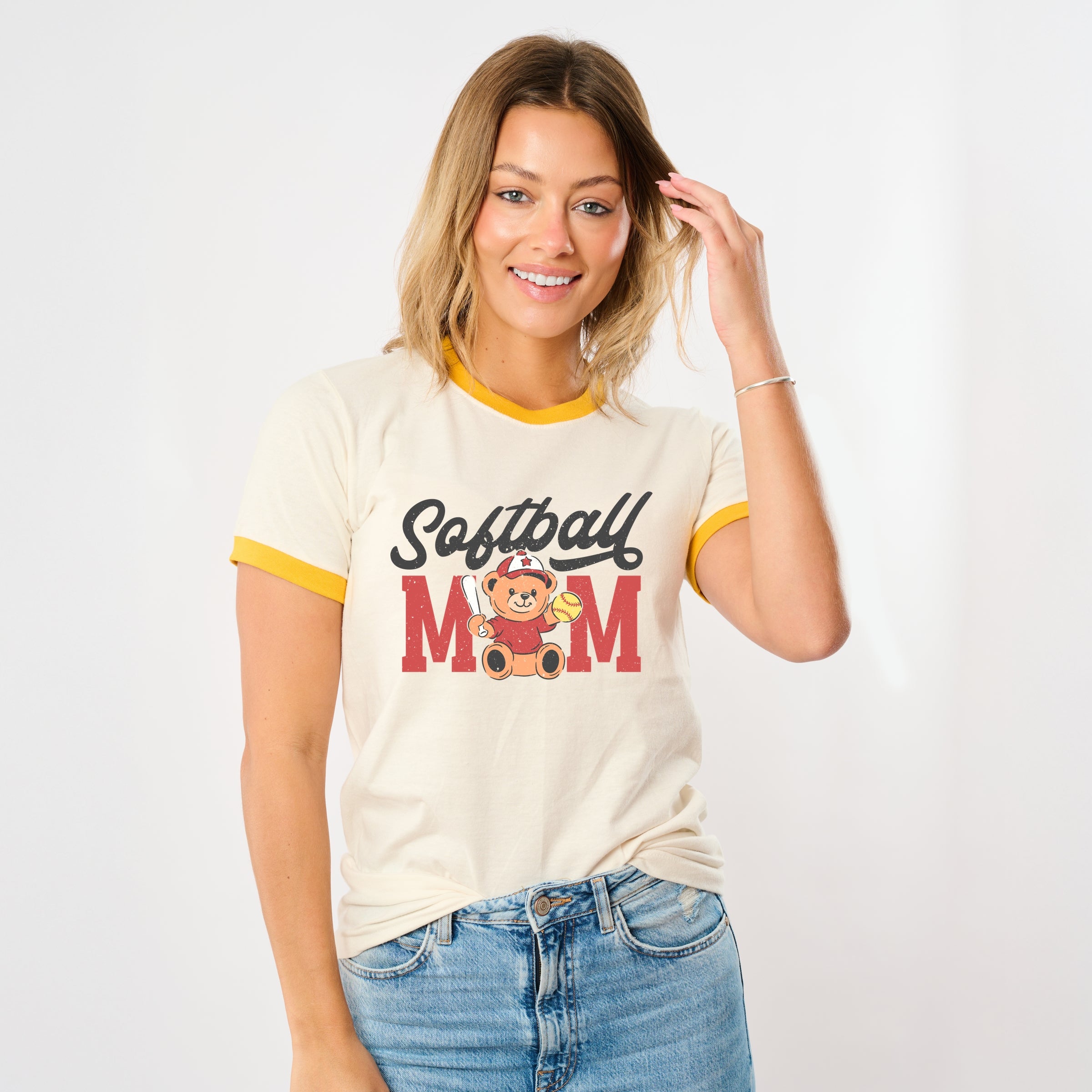 Softball Mom Teddy Bear - Women's Ringer Graphic T-Shirt