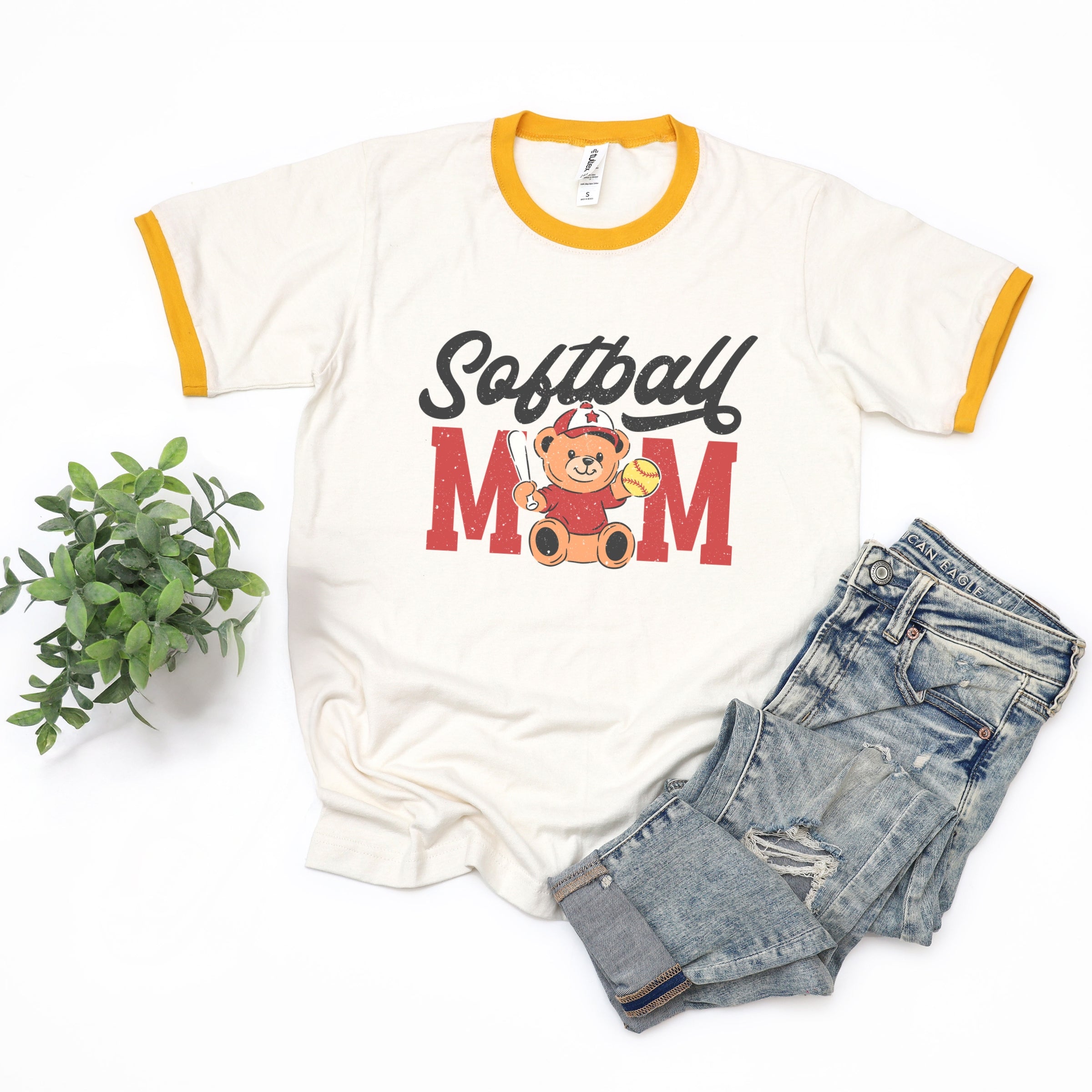 Softball Mom Teddy Bear - Women's Ringer Graphic T-Shirt