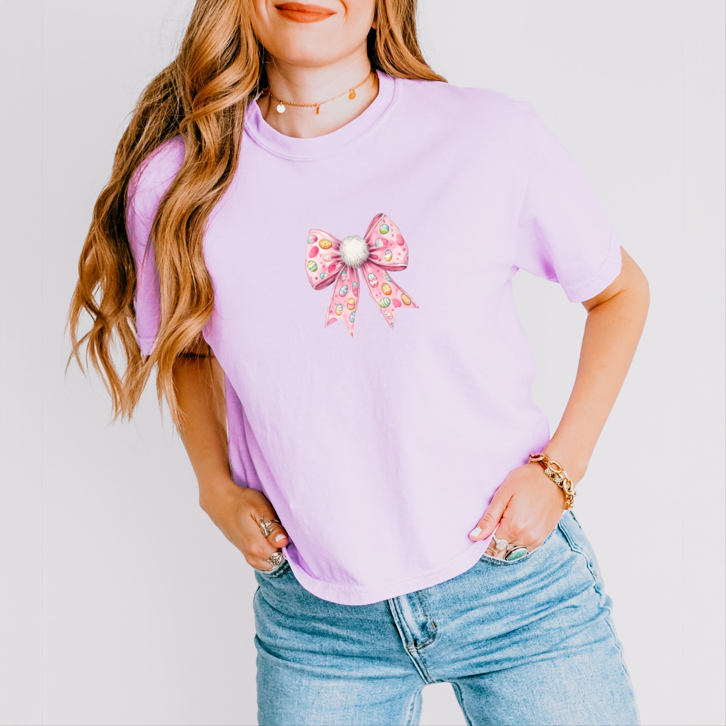Easter Egg Bow Coquette - Women's Boxy Crop Top Graphic T-Shirt