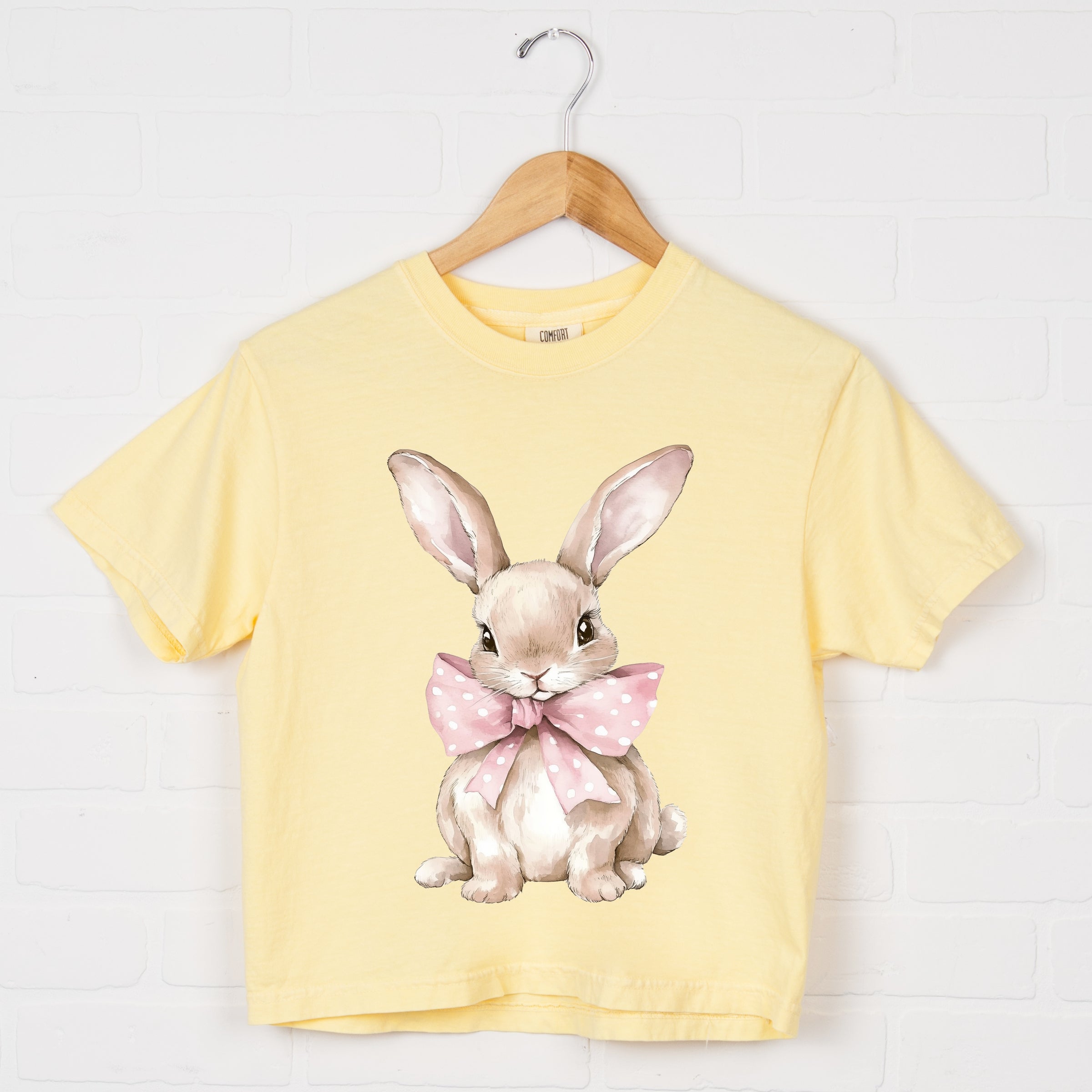 Bunny Watercolor With Bow - Women's Boxy Crop Top Graphic T-Shirt