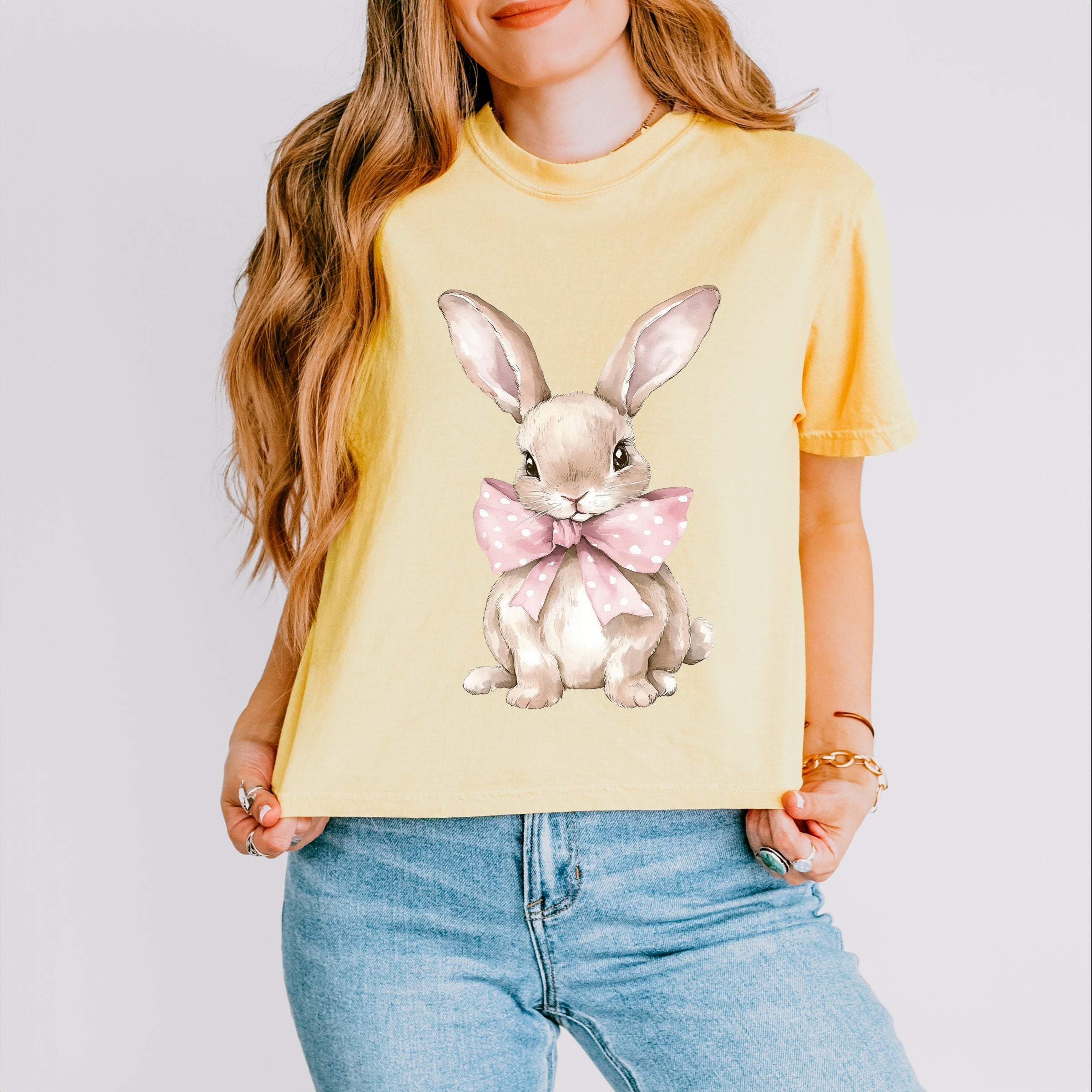 Bunny Watercolor With Bow - Women's Boxy Crop Top Graphic T-Shirt