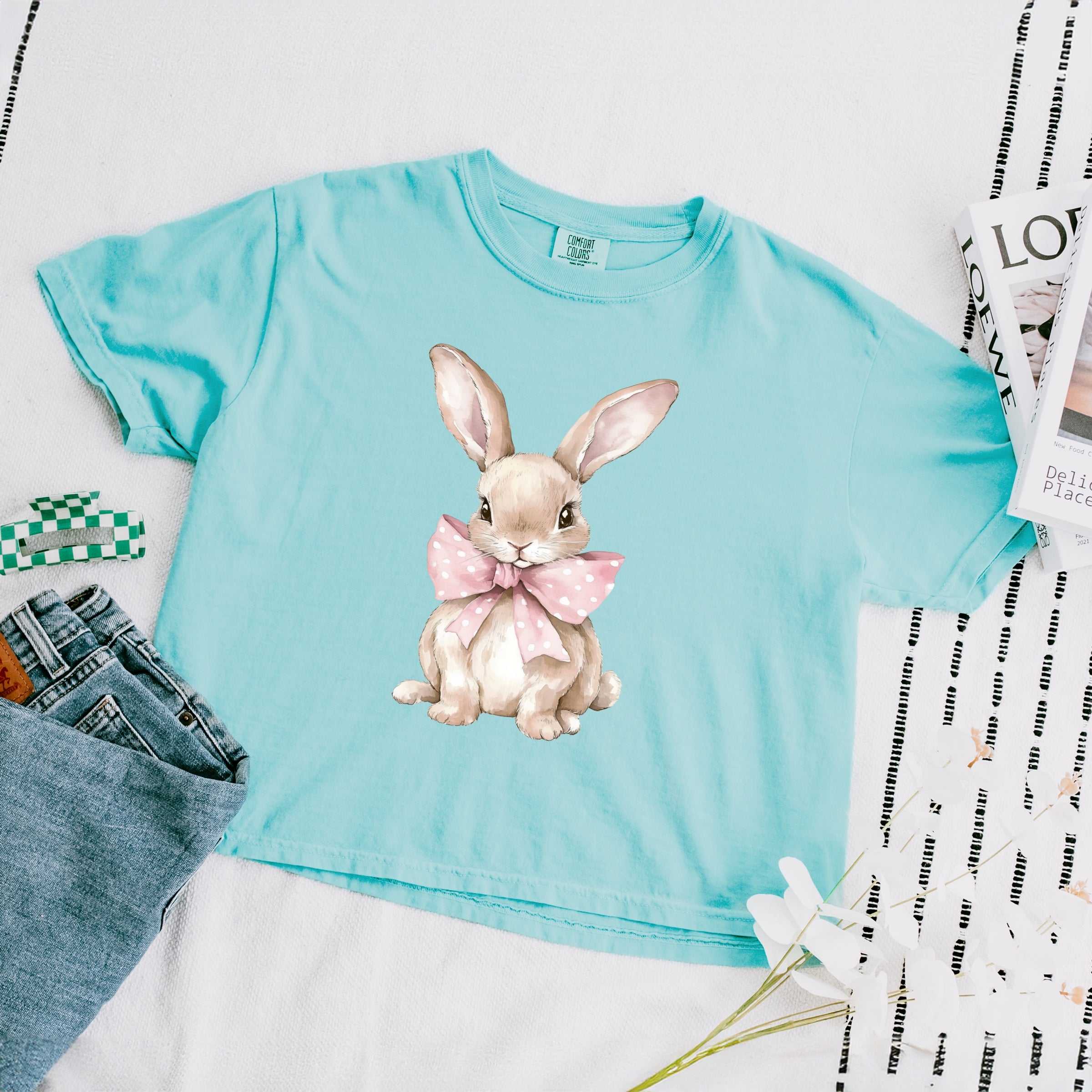 Bunny Watercolor With Bow - Women's Boxy Crop Top Graphic T-Shirt