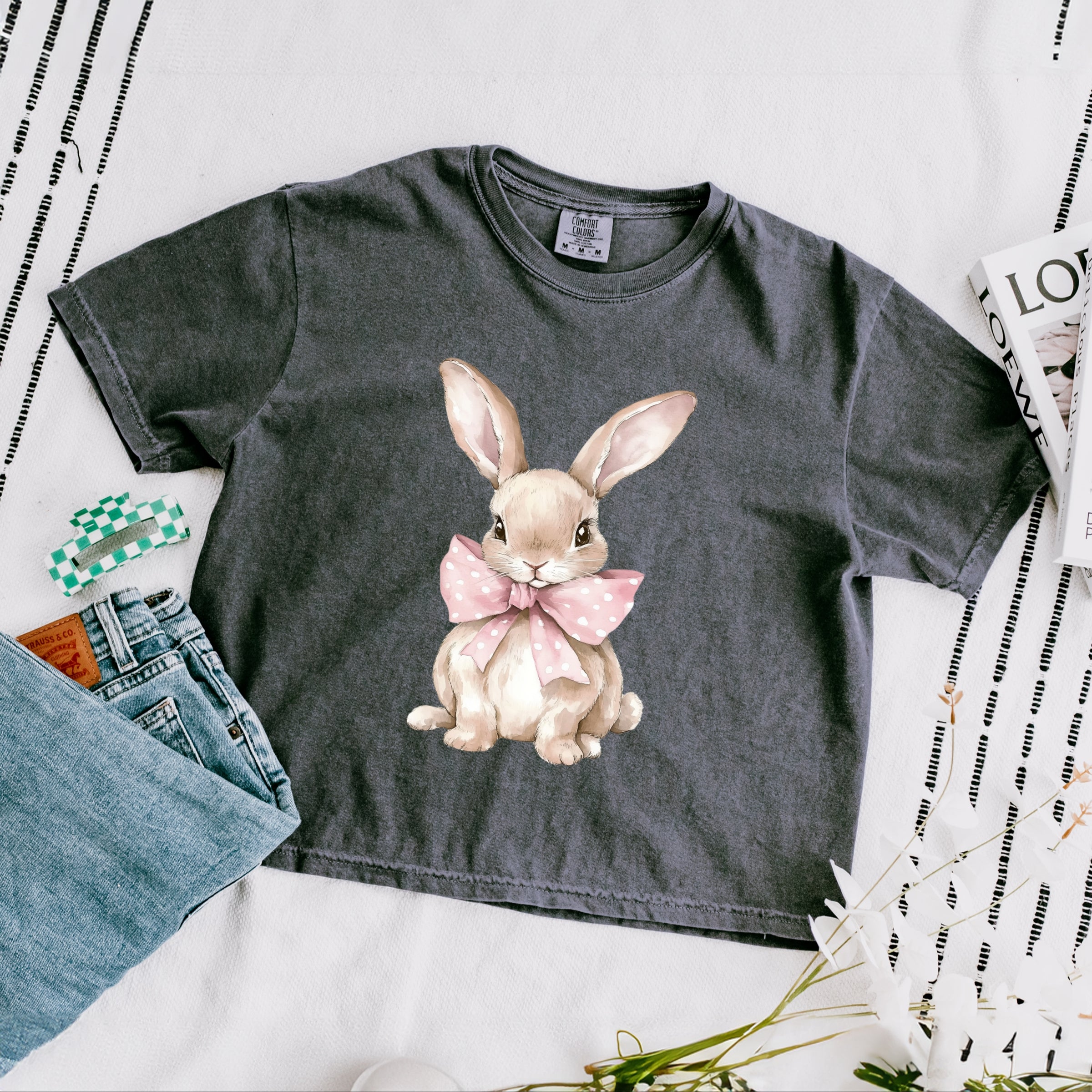Bunny Watercolor With Bow - Women's Boxy Crop Top Graphic T-Shirt
