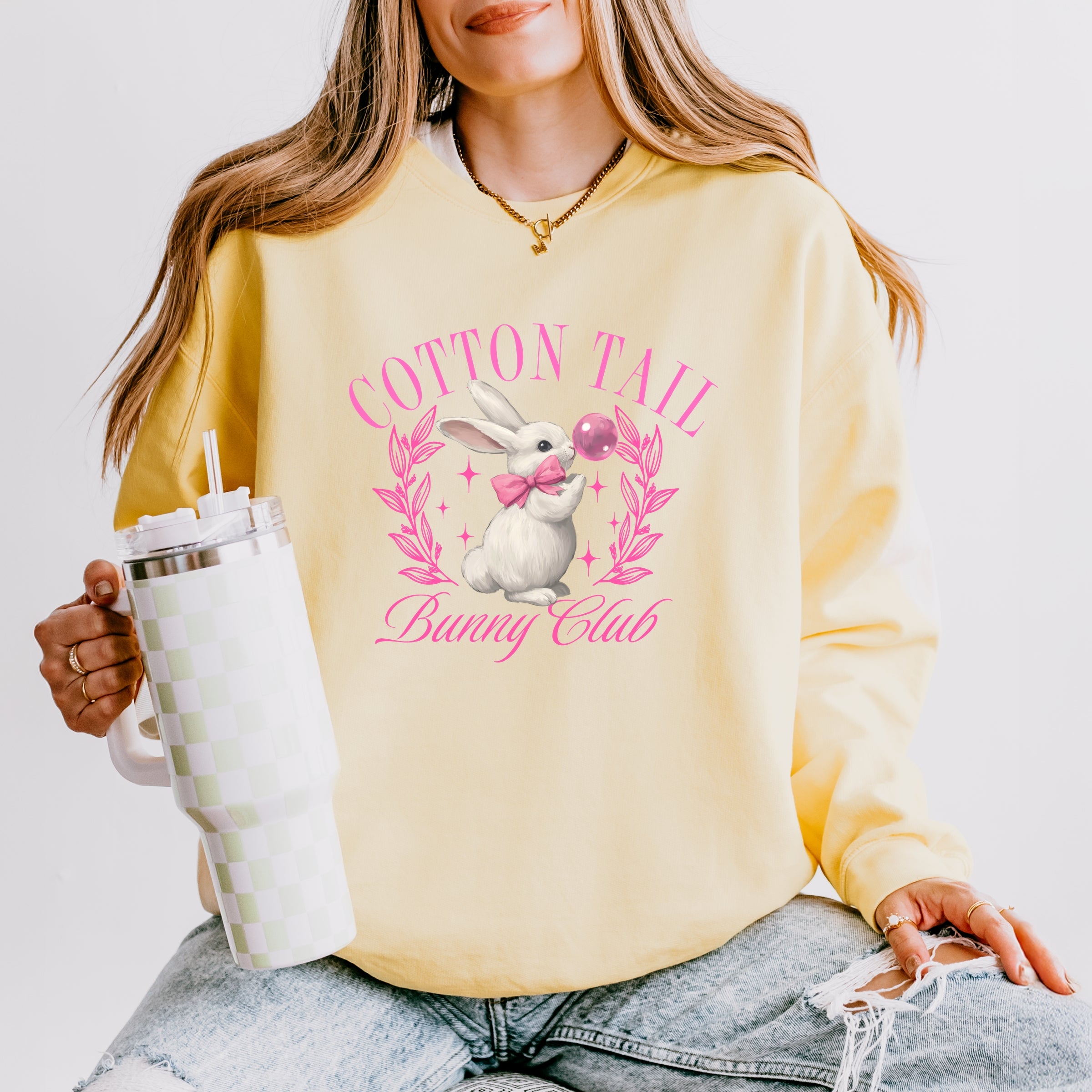 Cotton Tail Bunny Club Bubblegum - Women's Lightweight Garment Dyed Sweatshirt