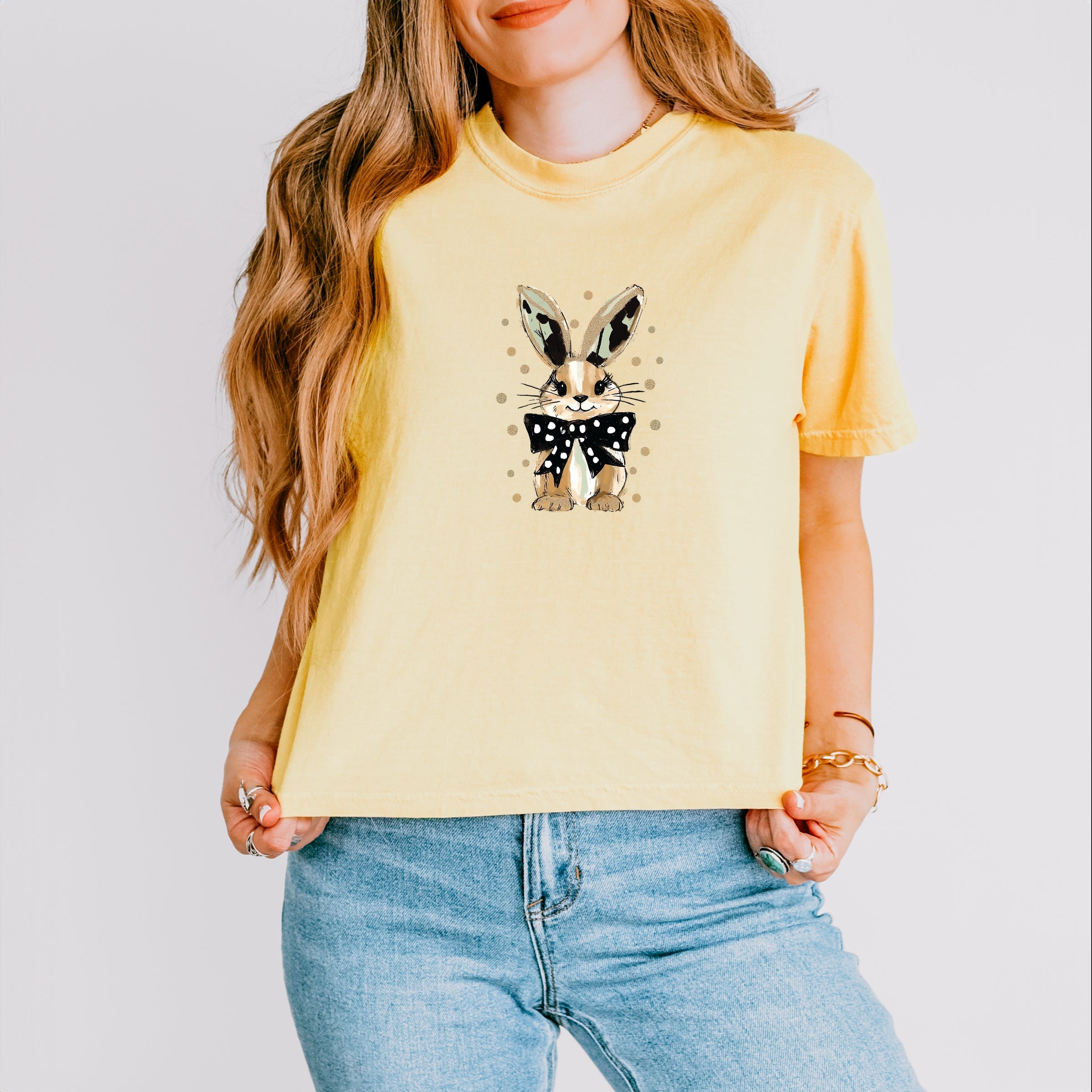 Bunny Polka Dot Coquette - Women's Boxy Crop Top Graphic T-Shirt