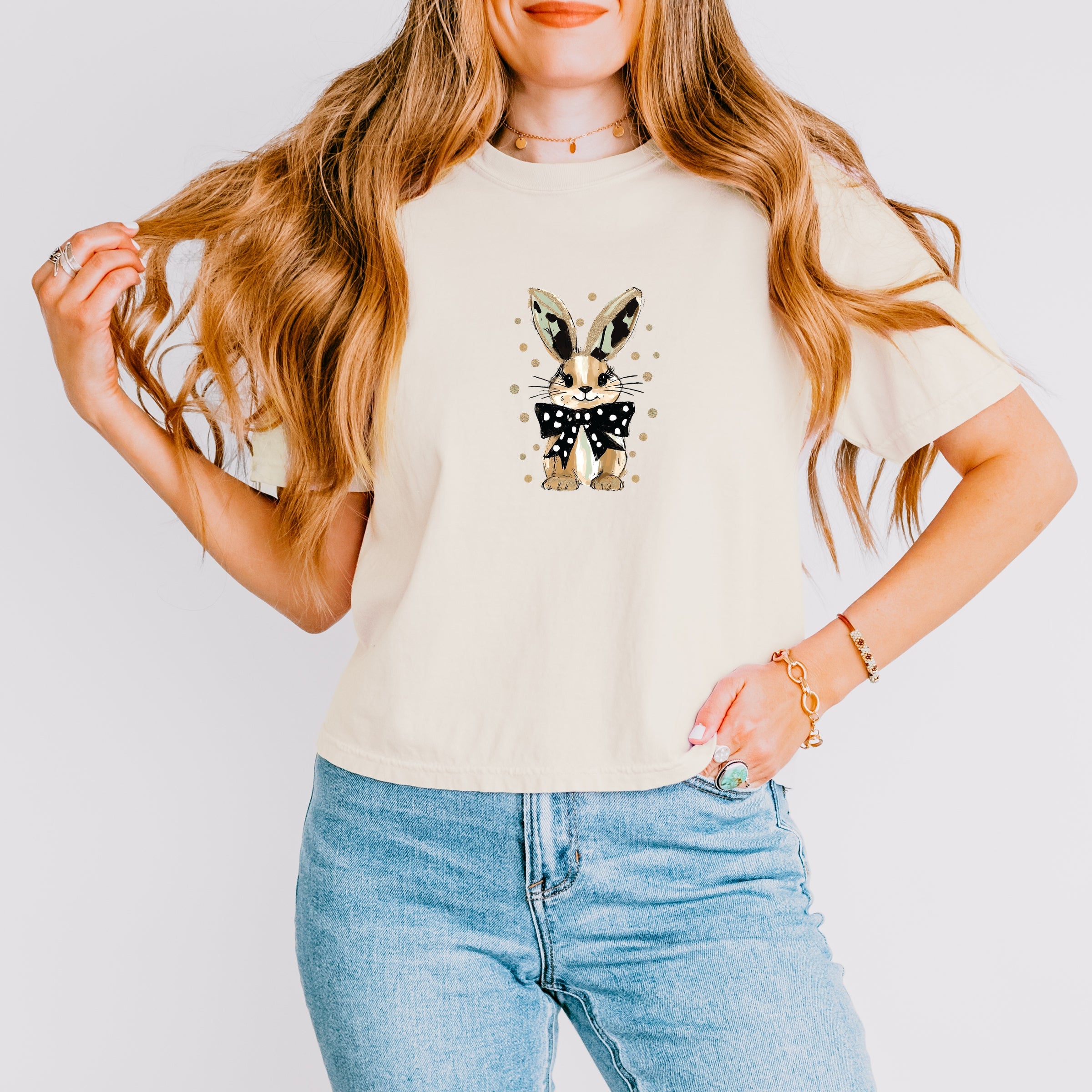 Bunny Polka Dot Coquette - Women's Boxy Crop Top Graphic T-Shirt