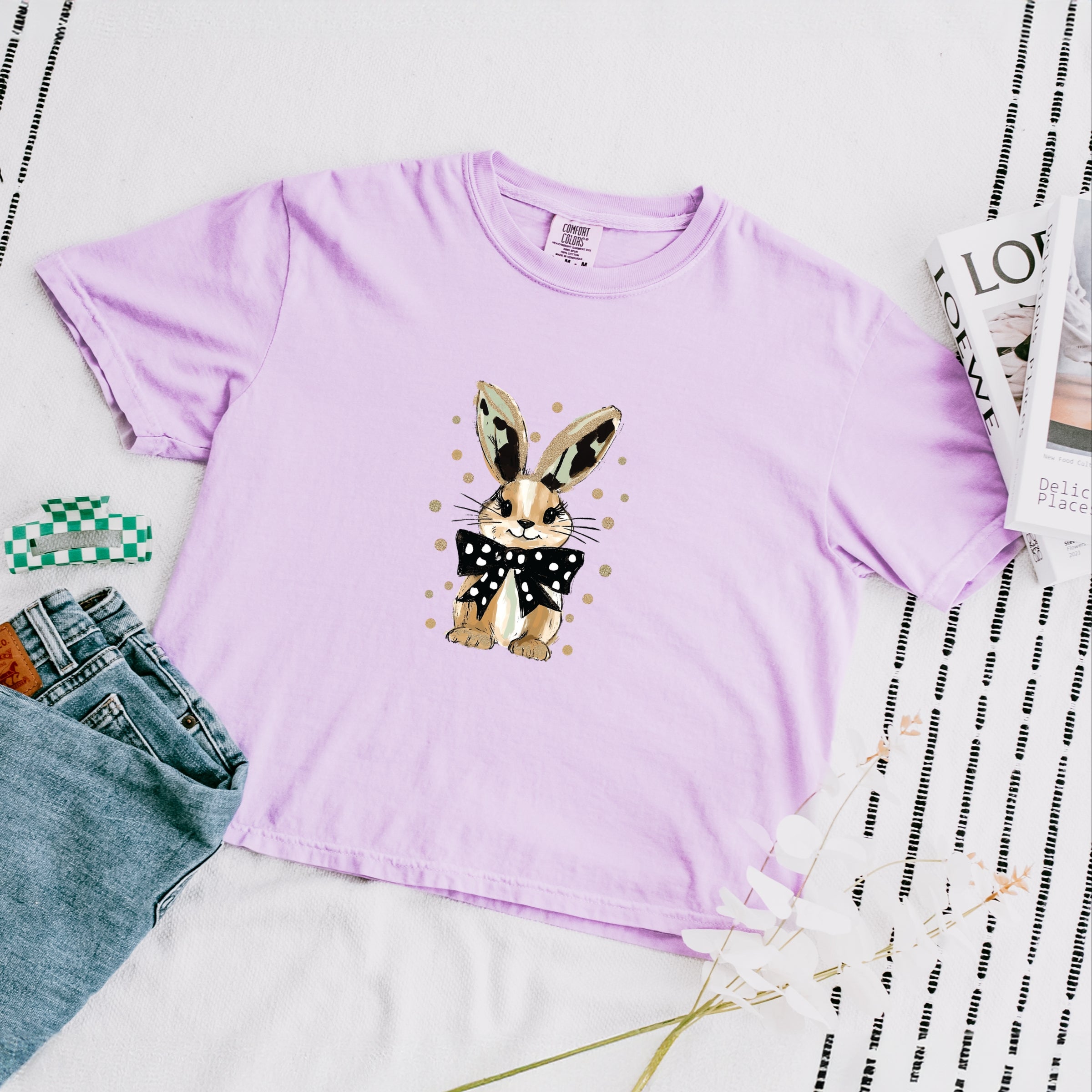 Bunny Polka Dot Coquette - Women's Boxy Crop Top Graphic T-Shirt