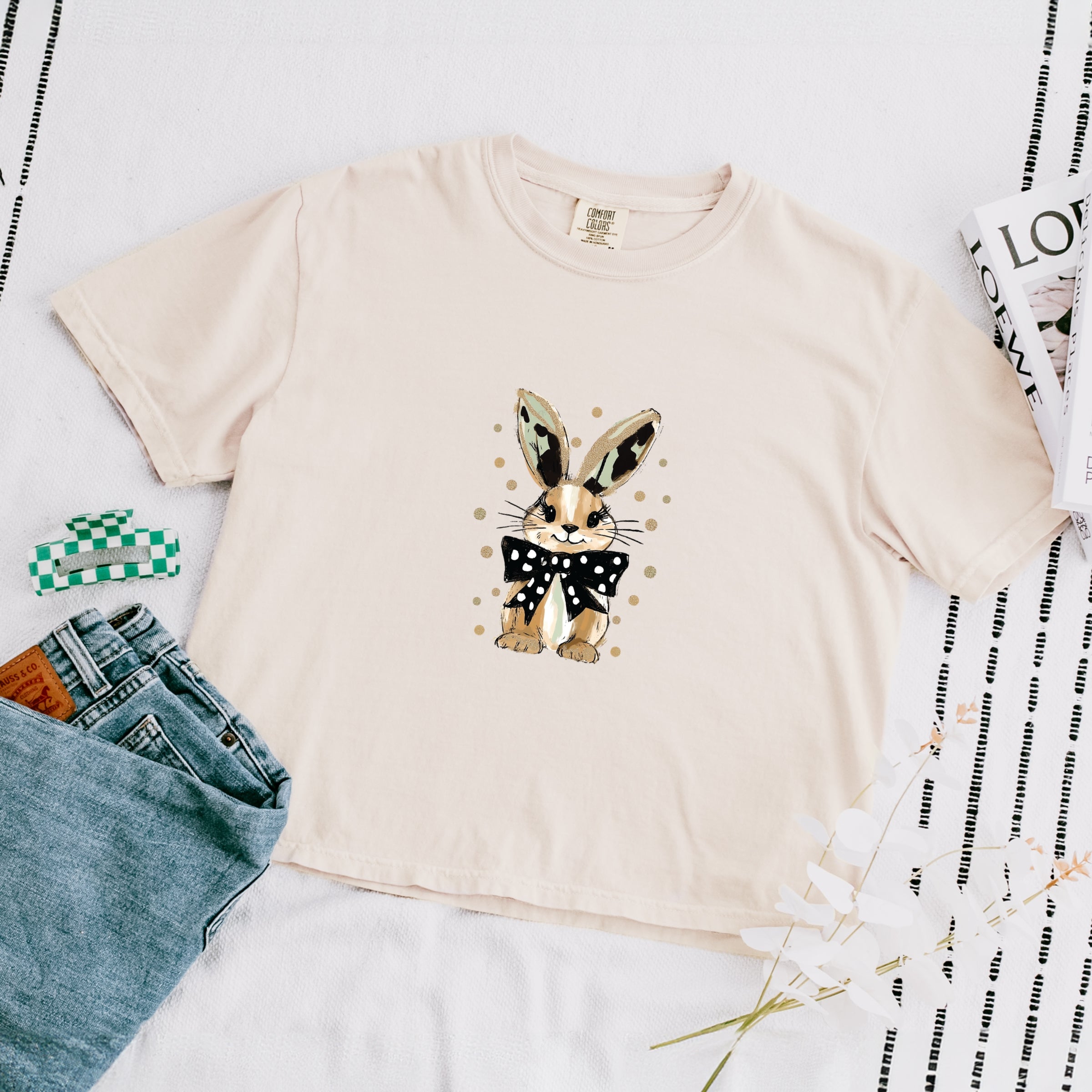 Bunny Polka Dot Coquette - Women's Boxy Crop Top Graphic T-Shirt