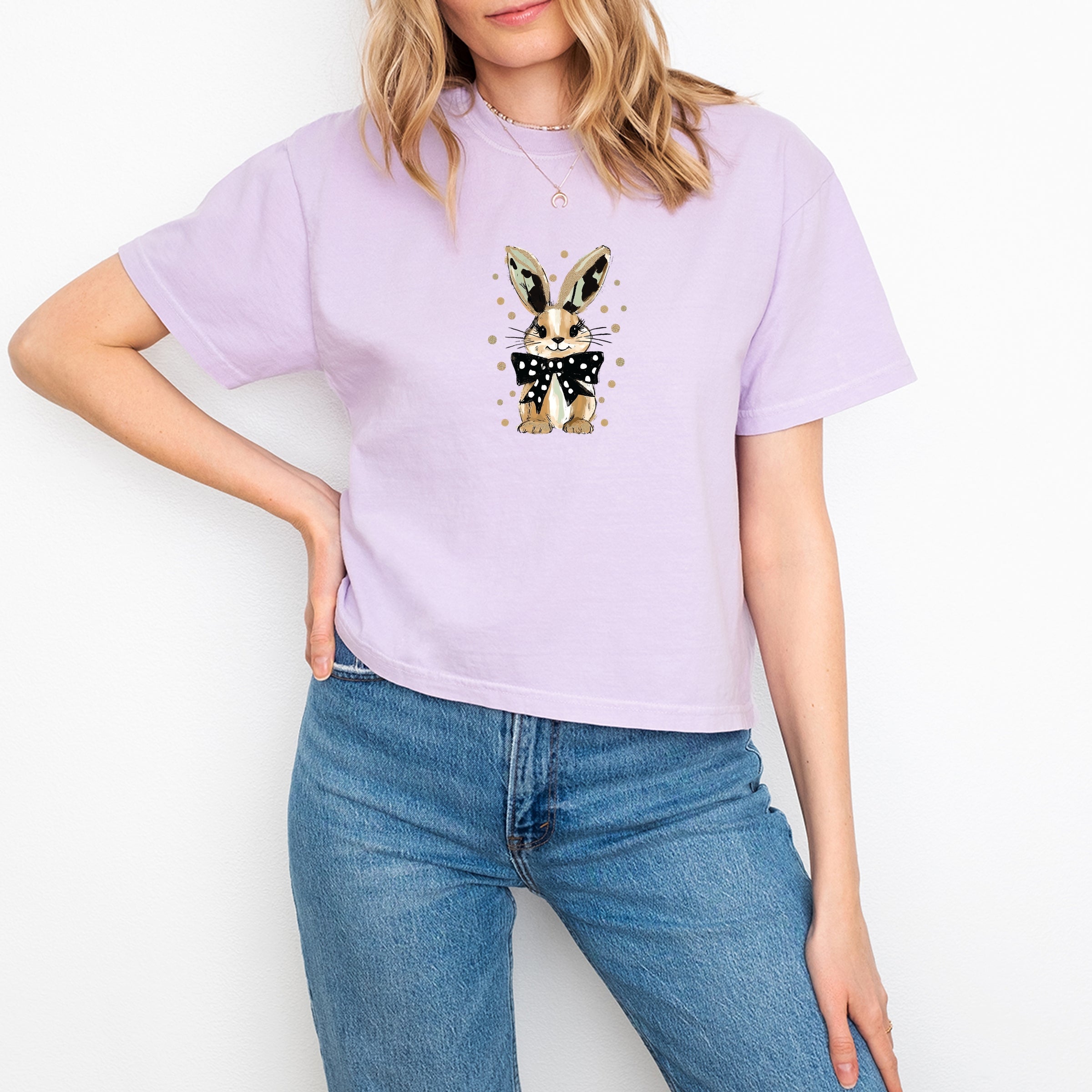 Bunny Polka Dot Coquette - Women's Boxy Crop Top Graphic T-Shirt