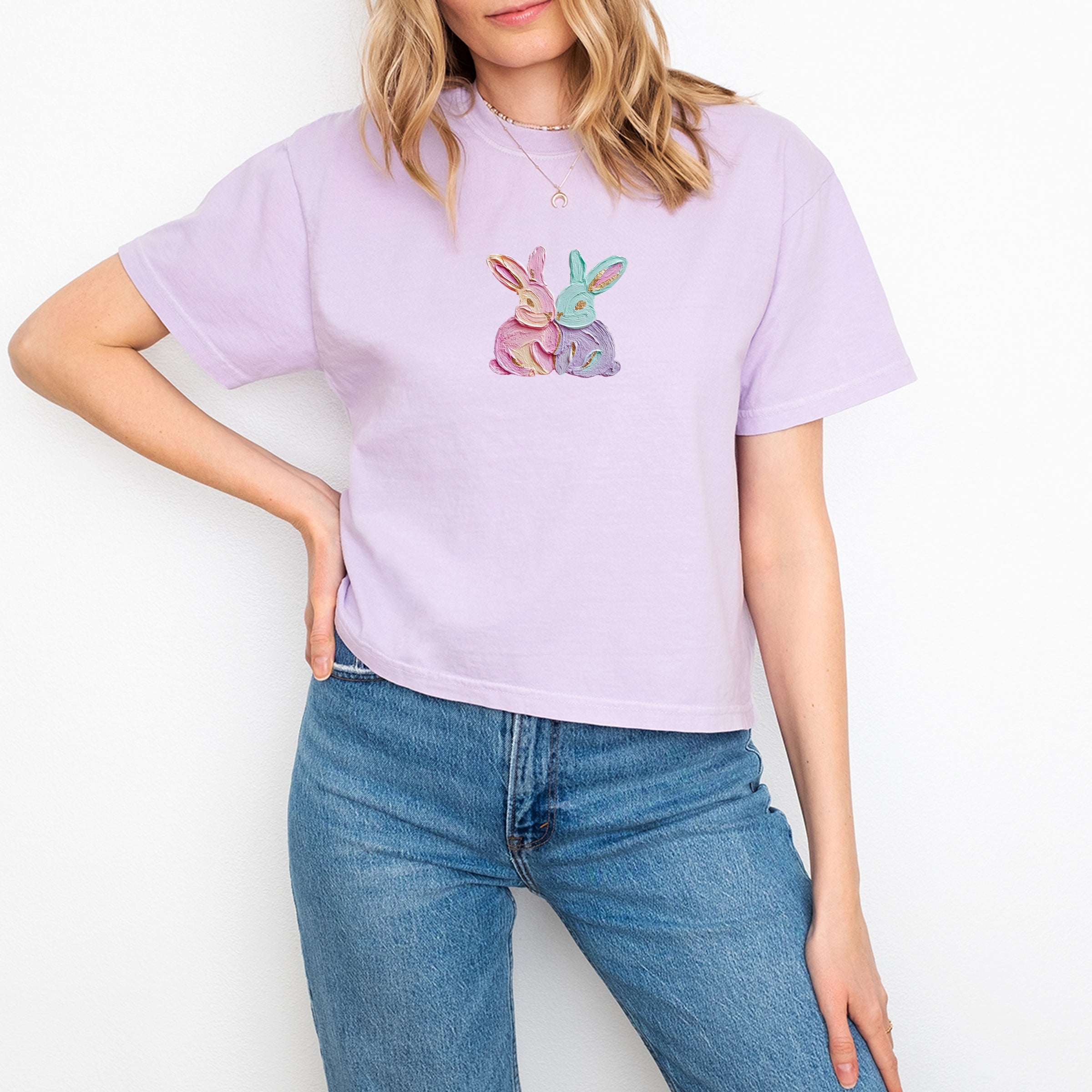 Two Bunnies Paint Print - Women's Boxy Crop Top Graphic T-Shirt