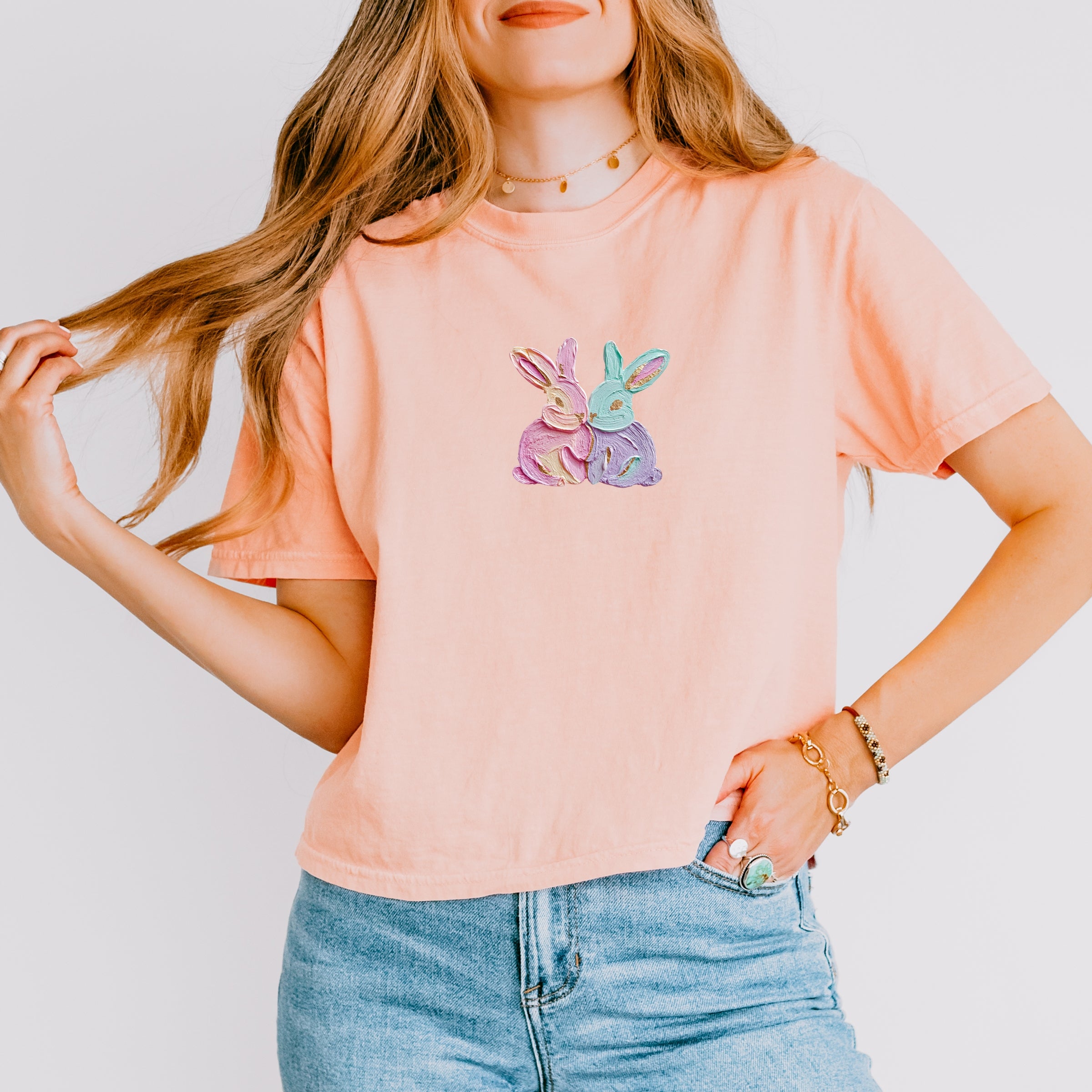 Two Bunnies Paint Print - Women's Boxy Crop Top Graphic T-Shirt