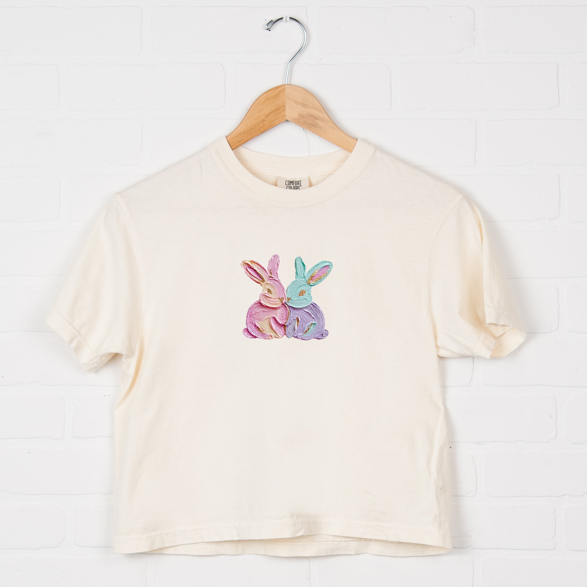 Two Bunnies Paint Print - Women's Boxy Crop Top Graphic T-Shirt