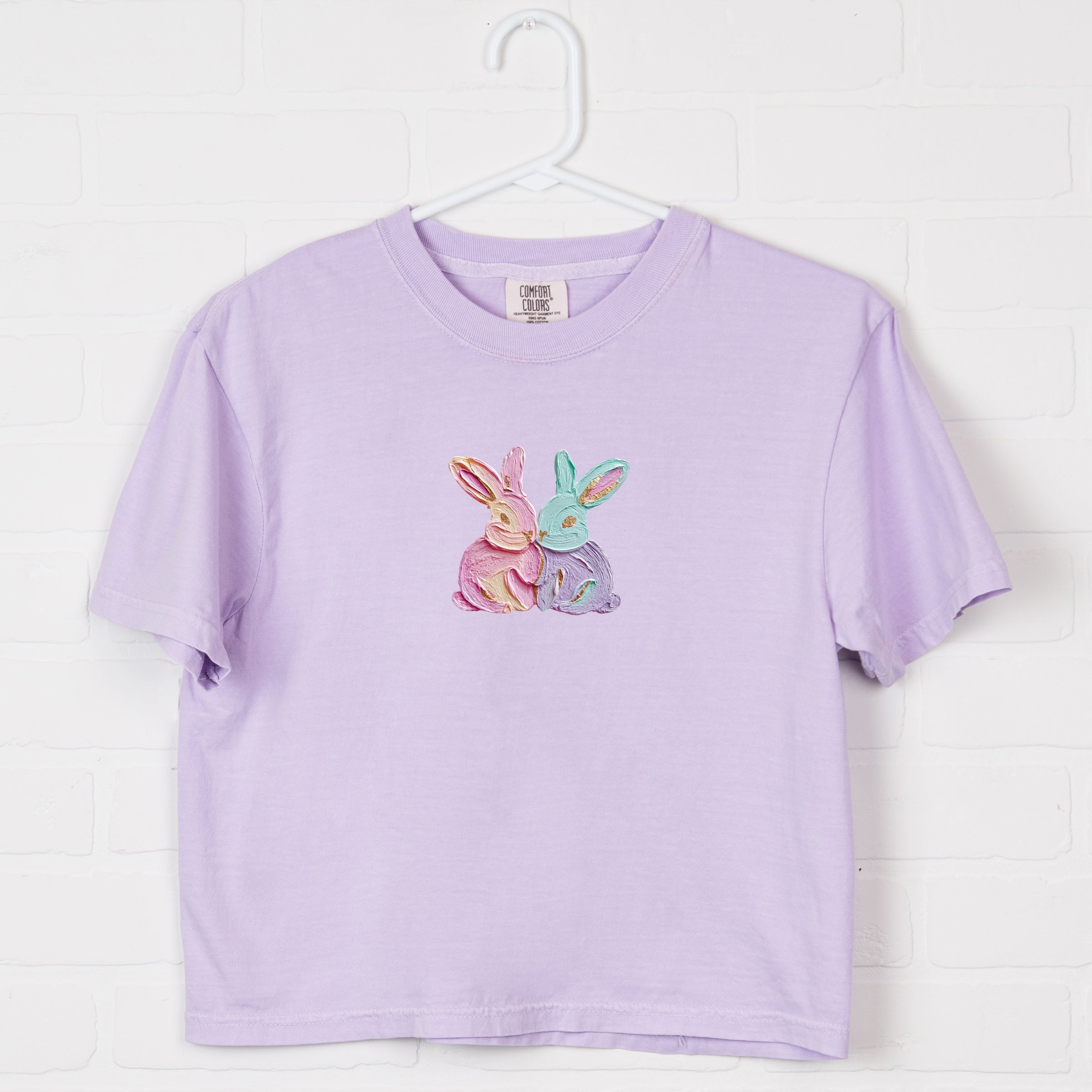 Two Bunnies Paint Print - Women's Boxy Crop Top Graphic T-Shirt