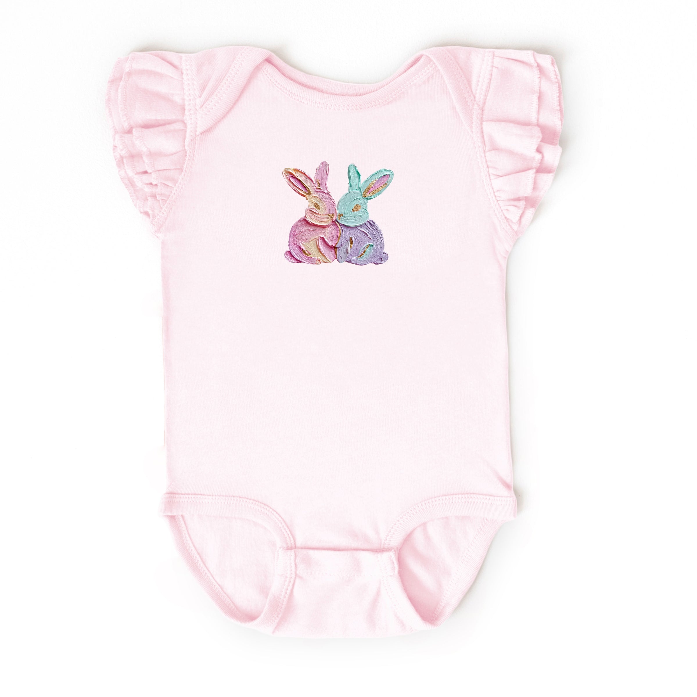 Two Bunnies Paint Print - Baby Flutter Sleeve Bodysuit