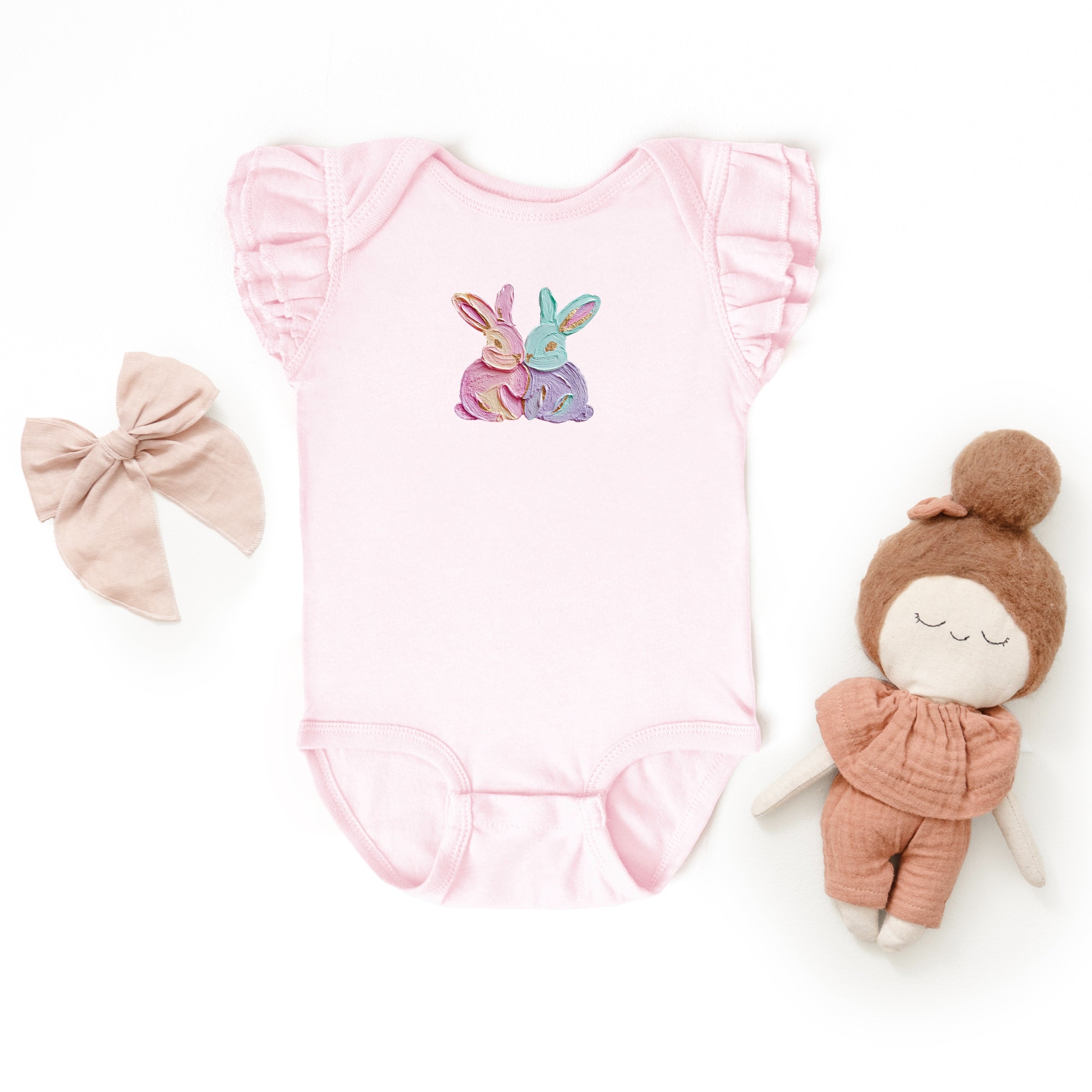 Two Bunnies Paint Print - Baby Flutter Sleeve Bodysuit