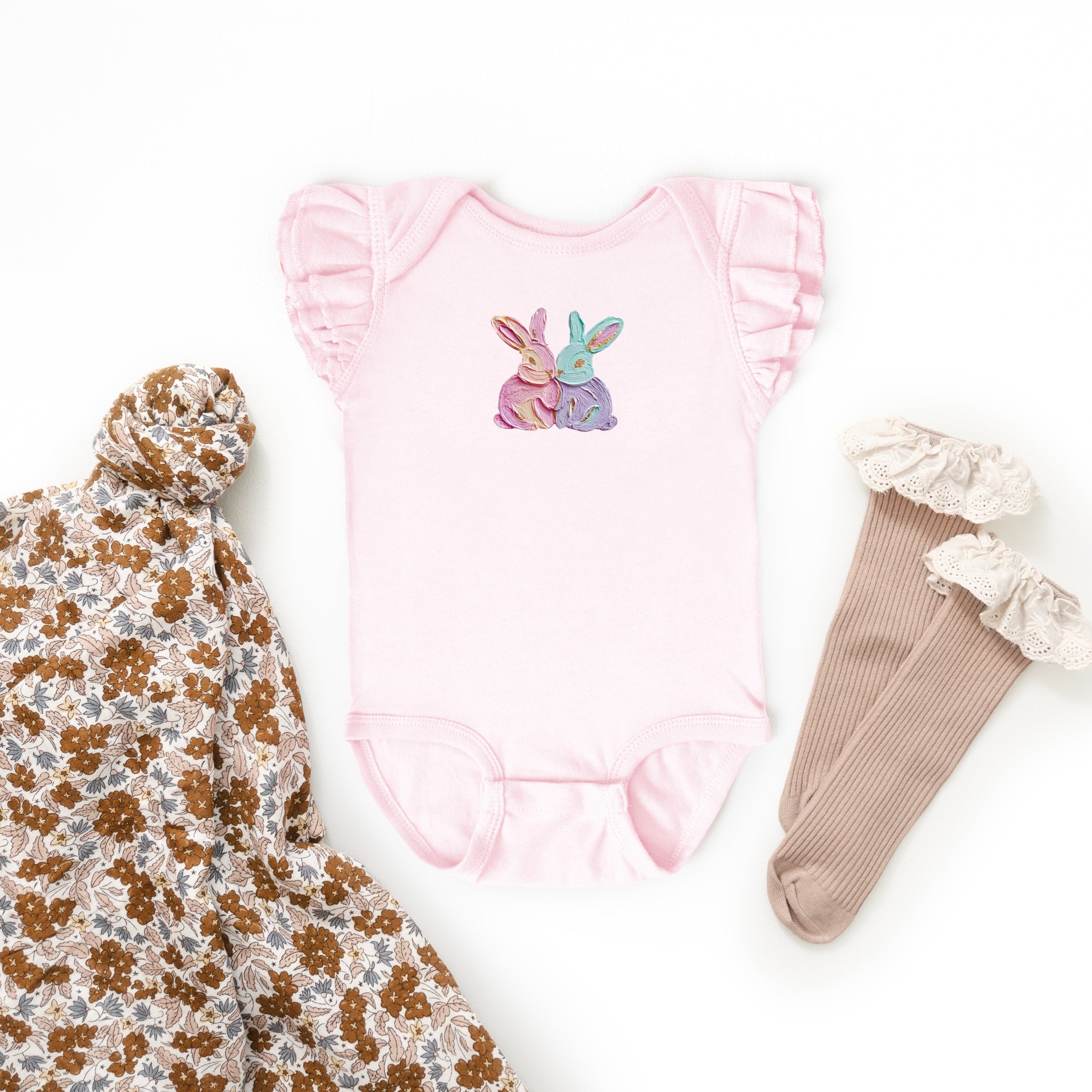 Two Bunnies Paint Print - Baby Flutter Sleeve Bodysuit