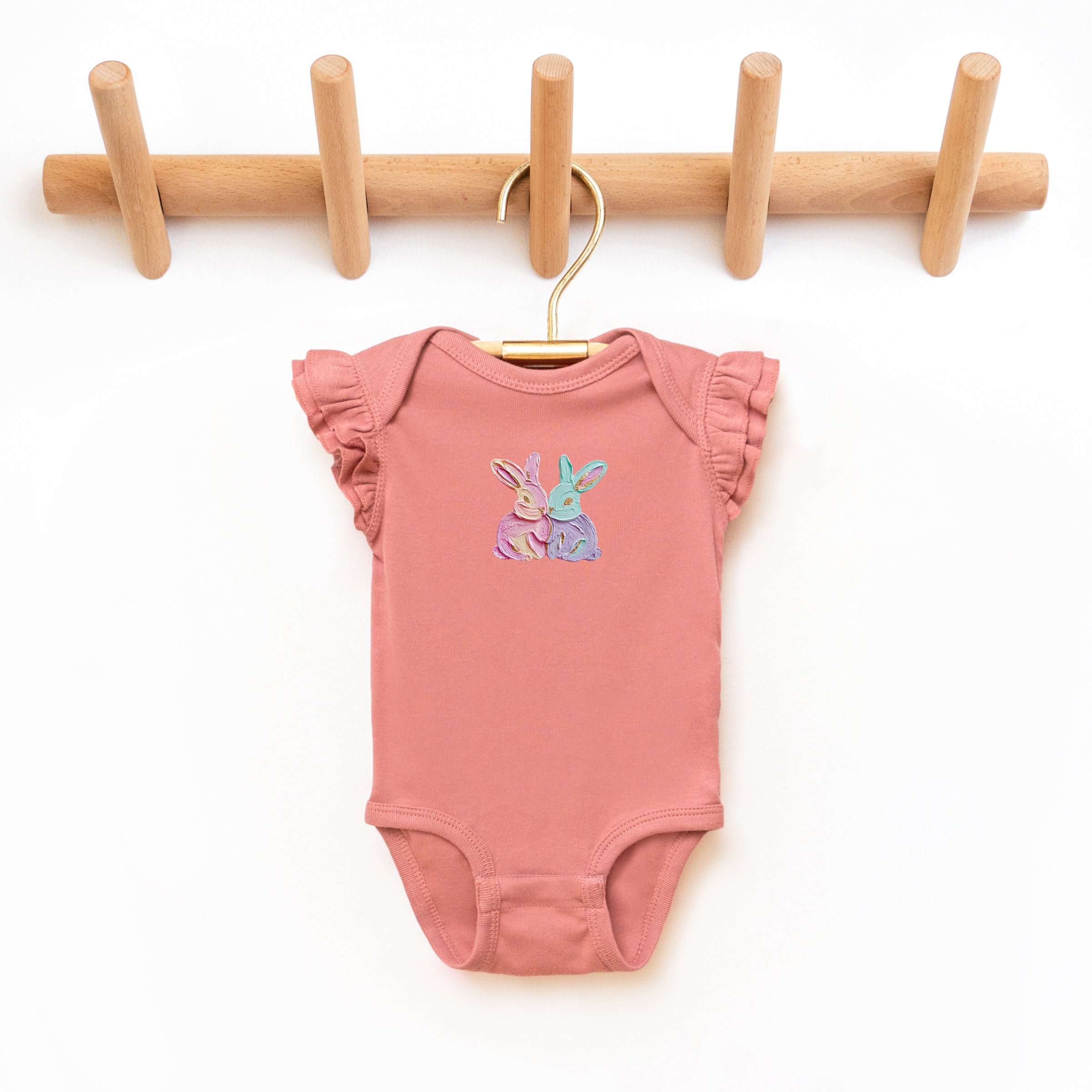 Two Bunnies Paint Print - Baby Flutter Sleeve Bodysuit