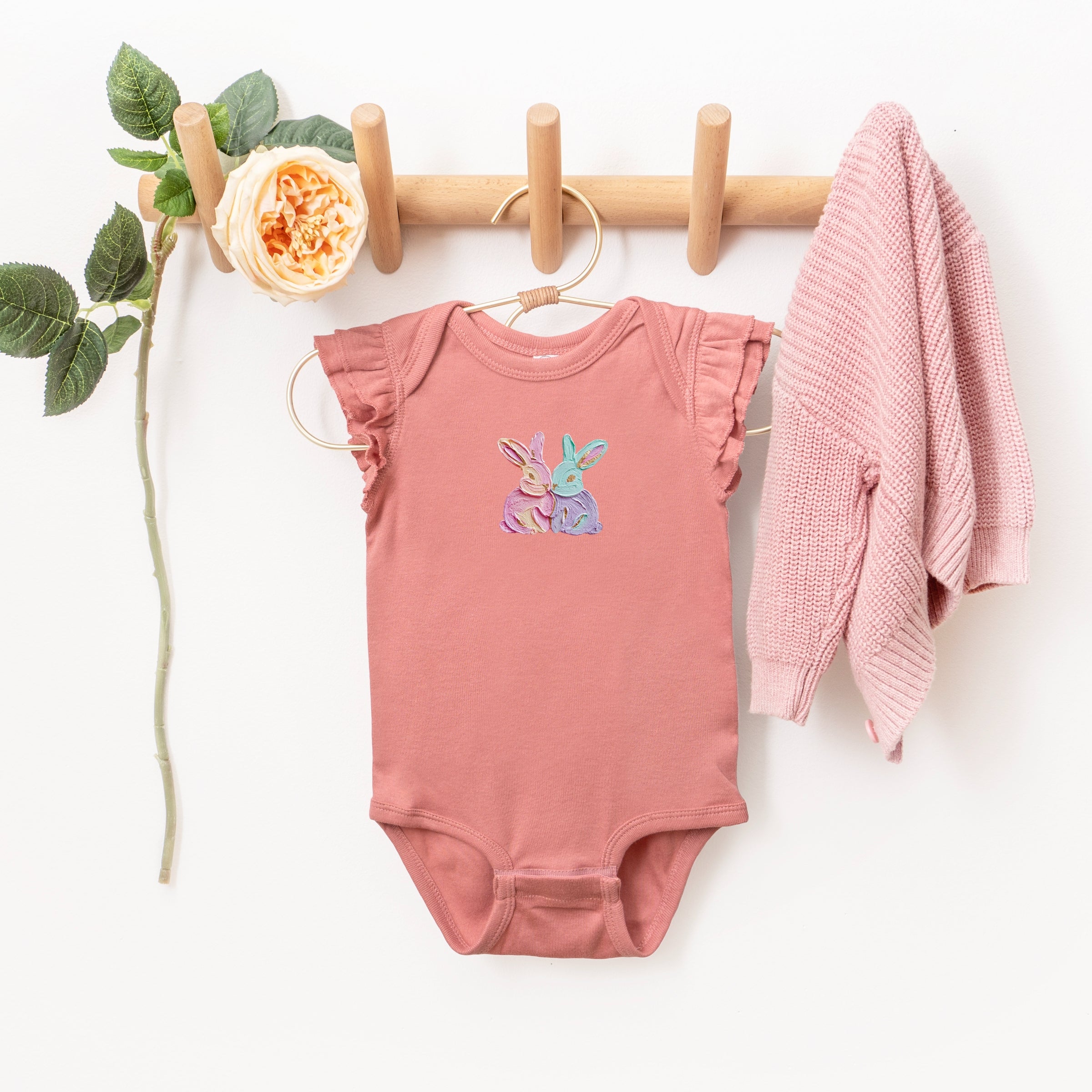 Two Bunnies Paint Print - Baby Flutter Sleeve Bodysuit