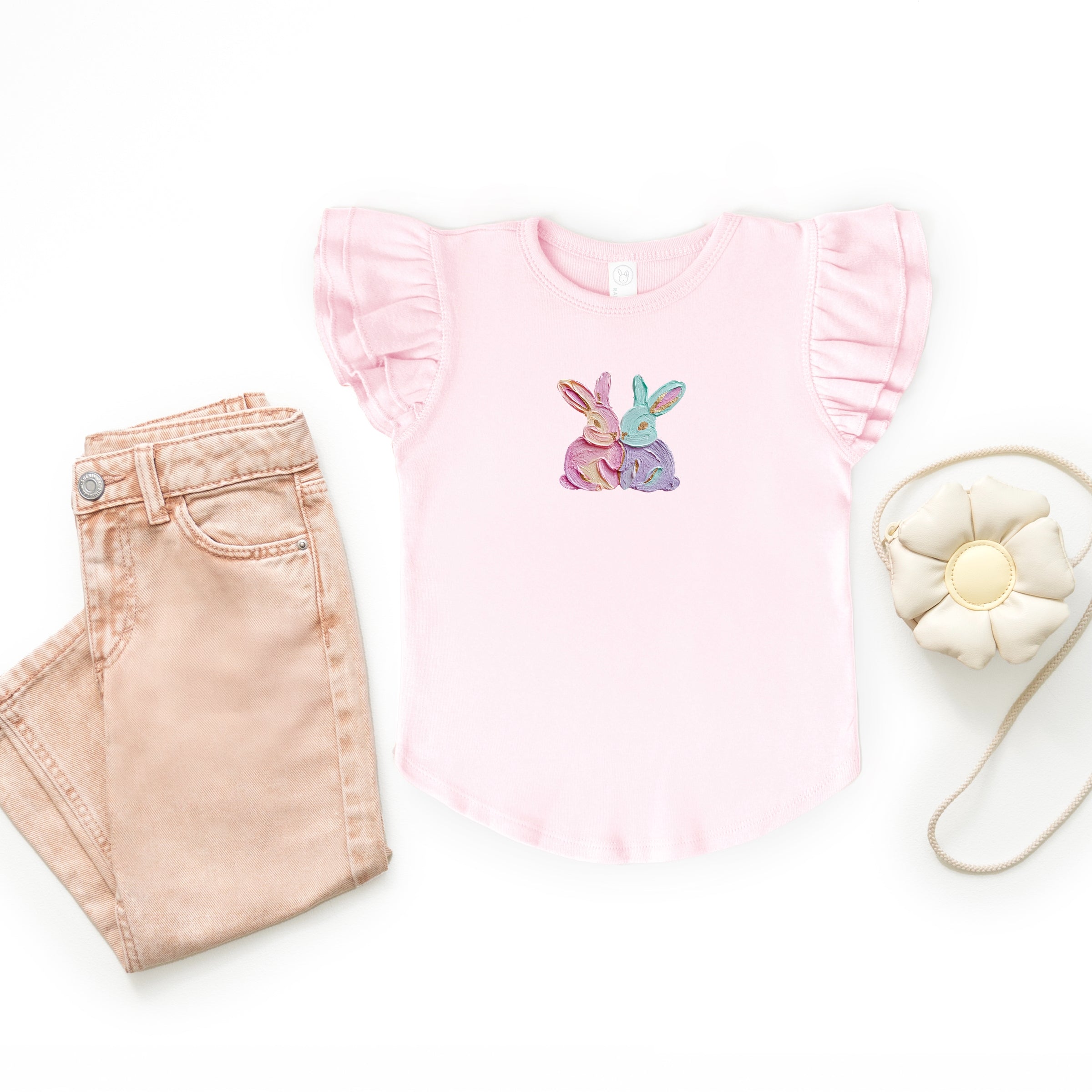 Two Bunnies Paint Print - Flutter Sleeve Graphic T-Shirt