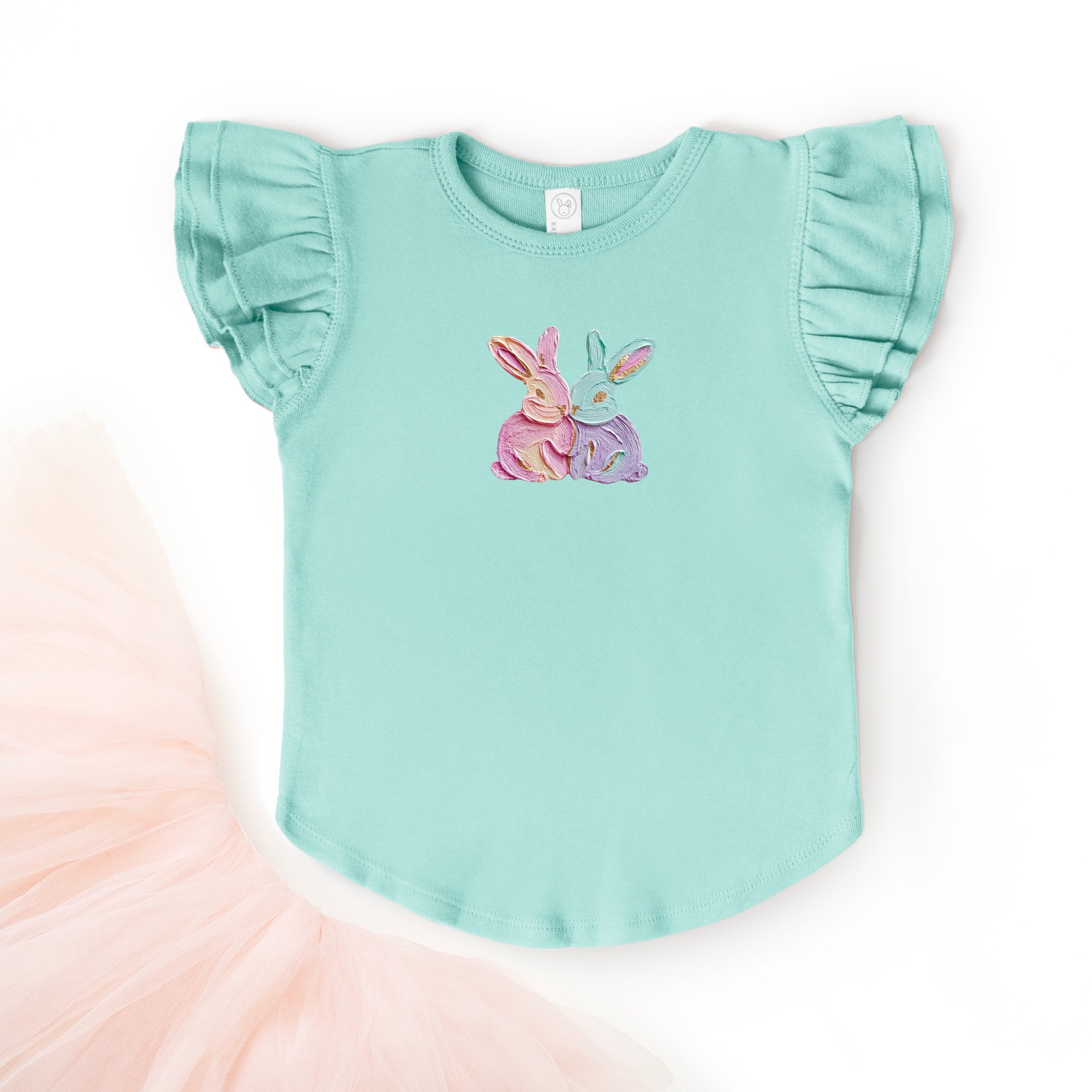 Two Bunnies Paint Print - Flutter Sleeve Graphic T-Shirt