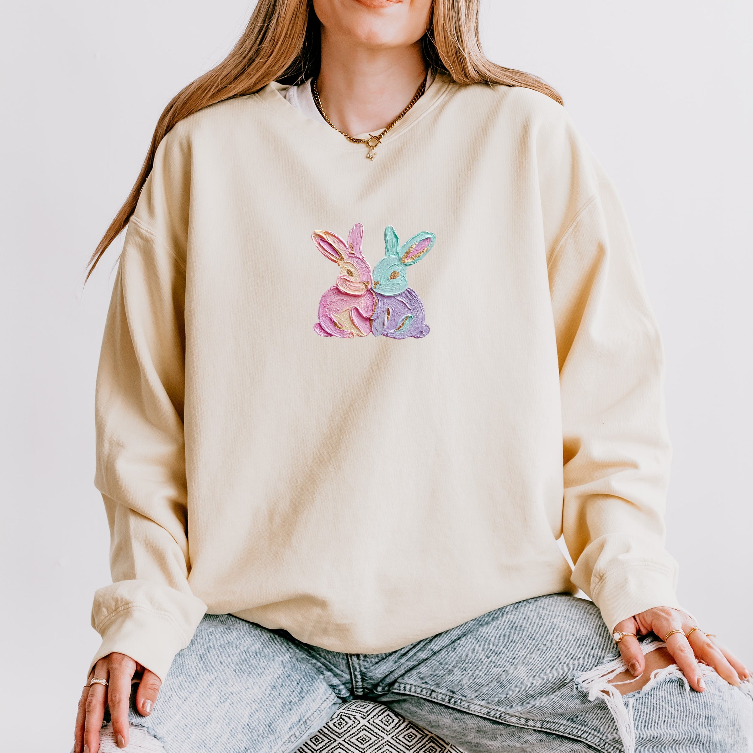 Two Bunnies Paint Print - Women's Lightweight Garment Dyed Sweatshirt