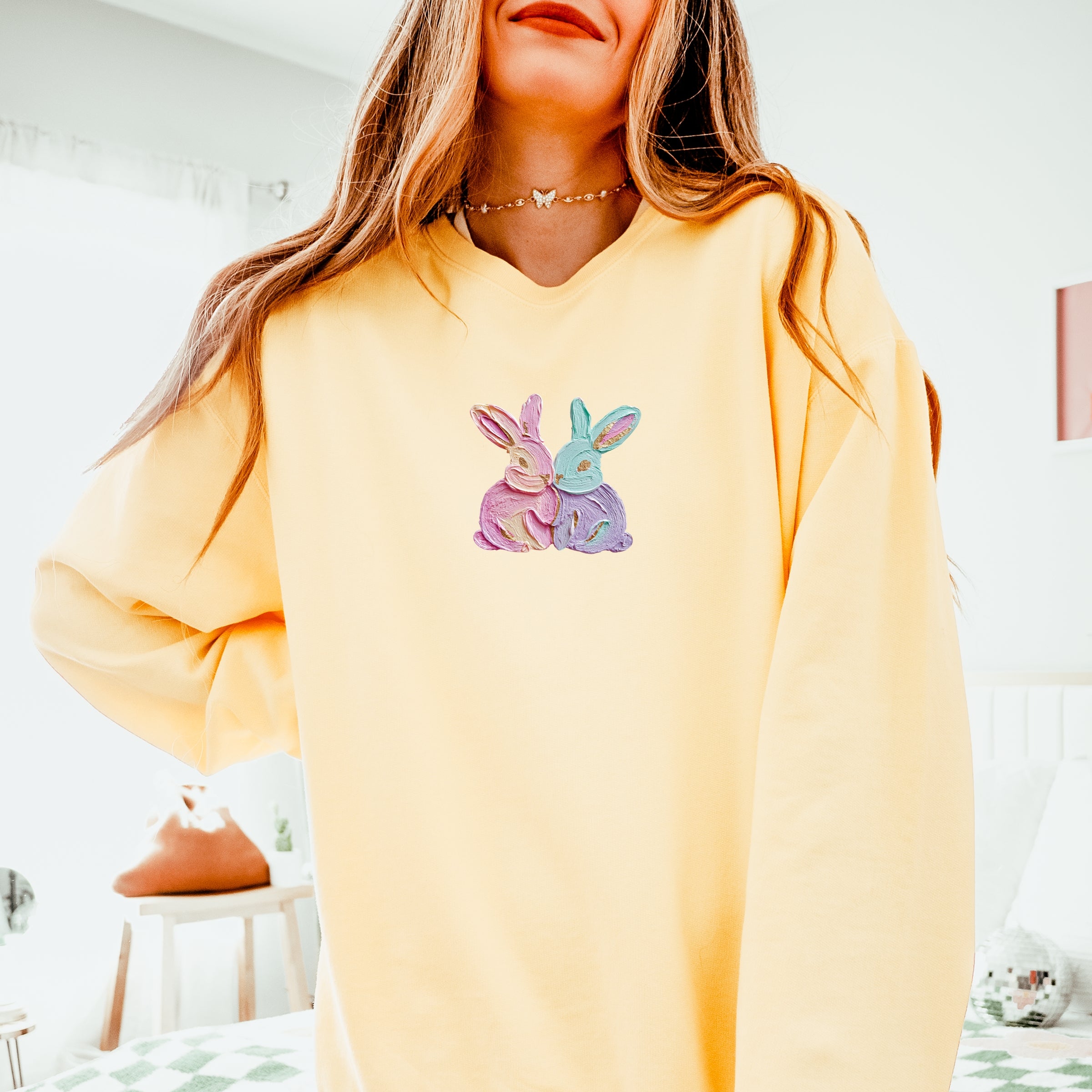Two Bunnies Paint Print - Women's Lightweight Garment Dyed Sweatshirt