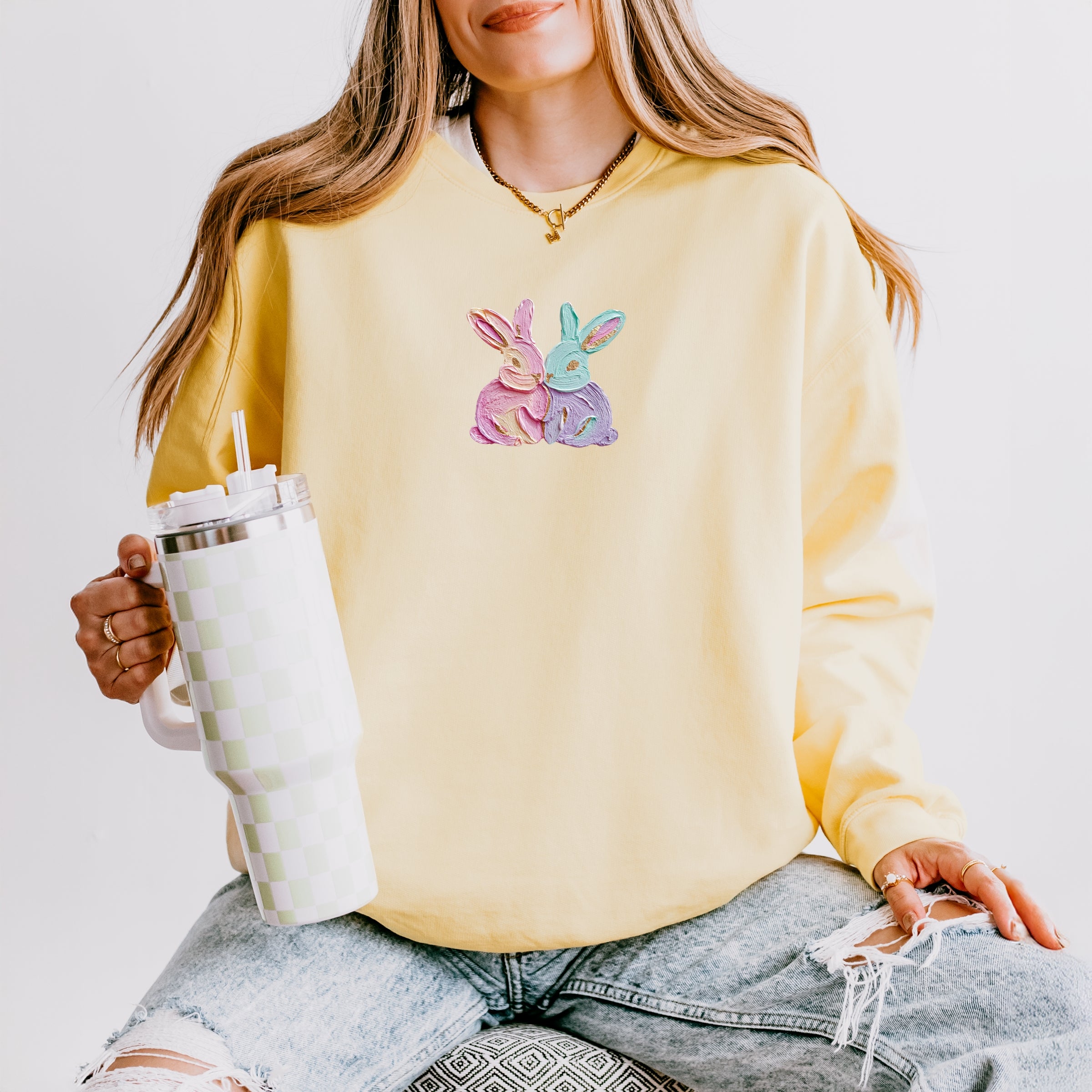 Two Bunnies Paint Print - Women's Lightweight Garment Dyed Sweatshirt
