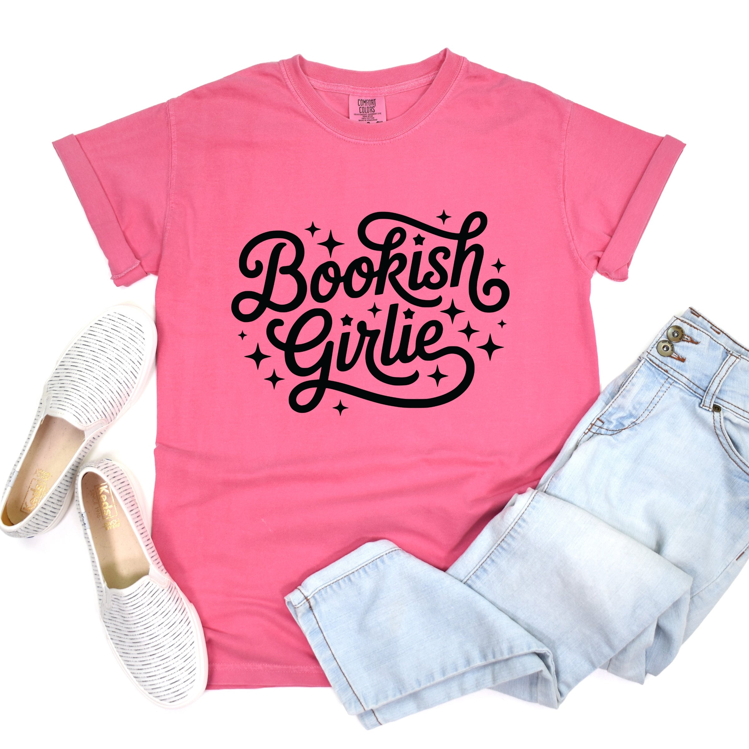 Bookish Girlie Cursive Stars - Women's Garment Dyed Graphic T-Shirt