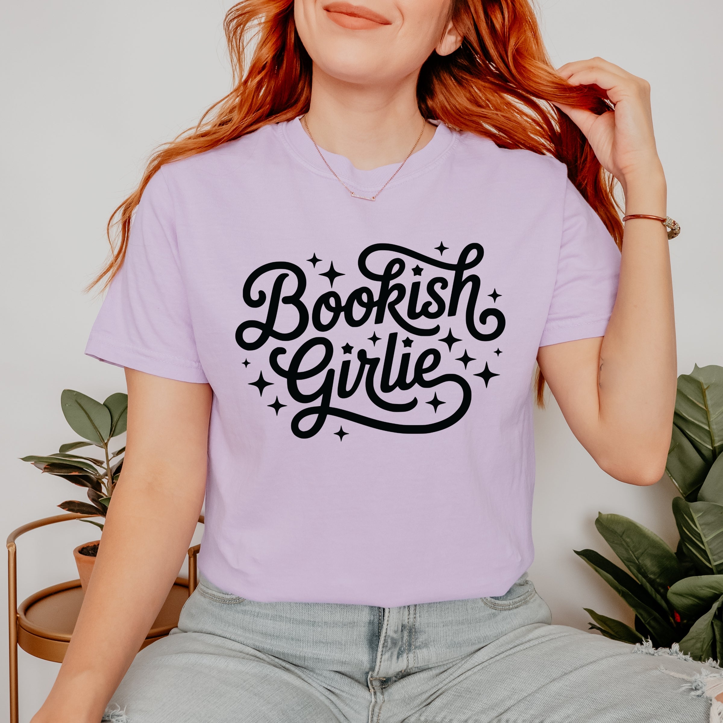 Bookish Girlie Cursive Stars - Women's Garment Dyed Graphic T-Shirt