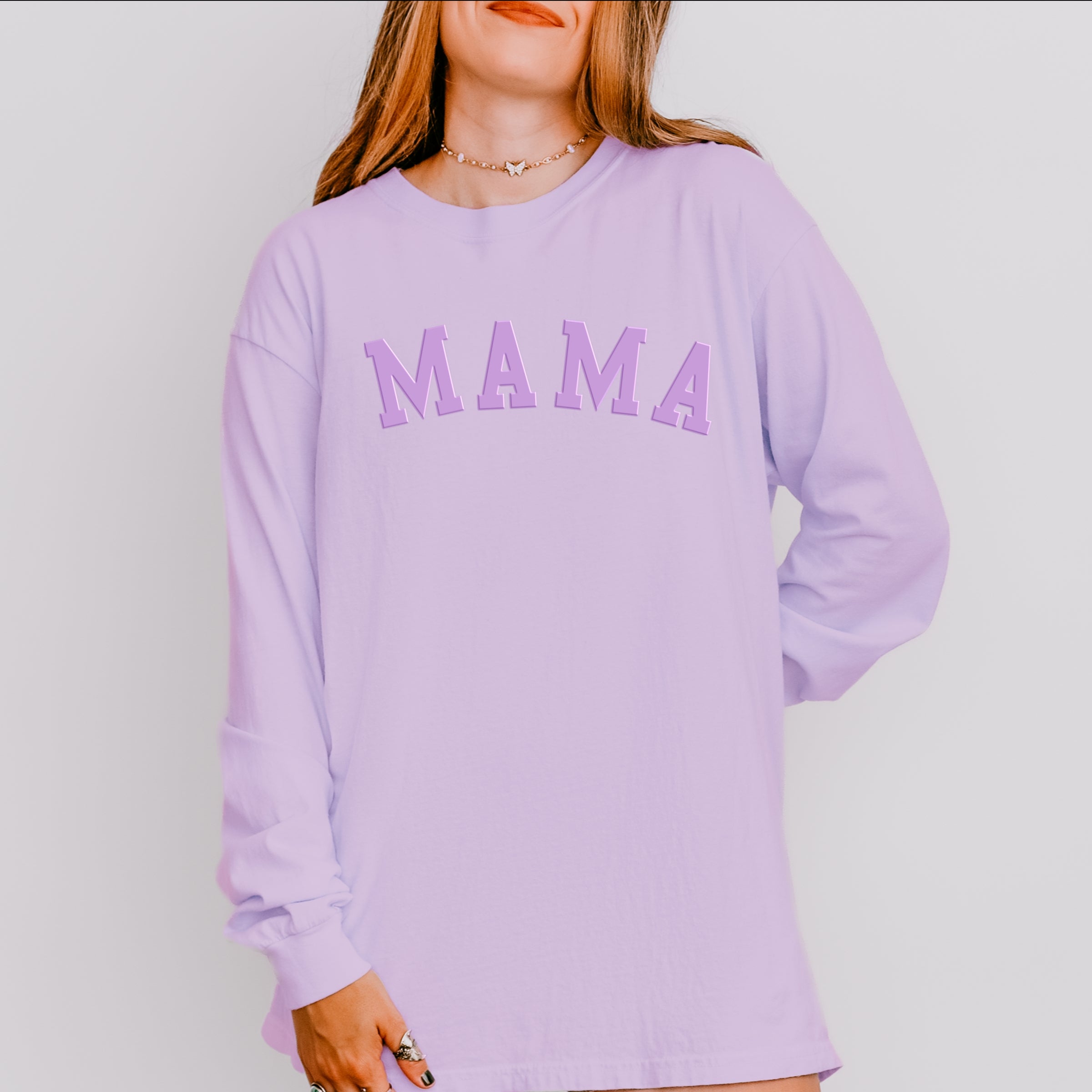 Mama Bold Puff Print - Women's Garment Dyed Long Sleeve Graphic T-Shirt