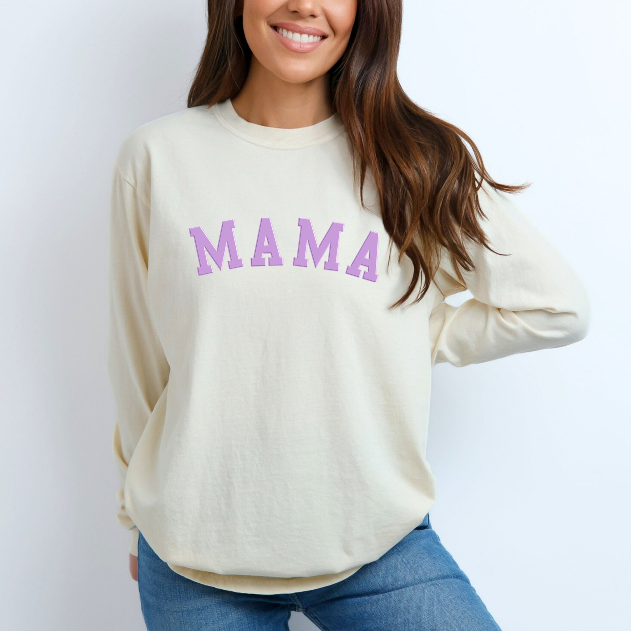 Mama Bold Puff Print - Women's Garment Dyed Long Sleeve Graphic T-Shirt