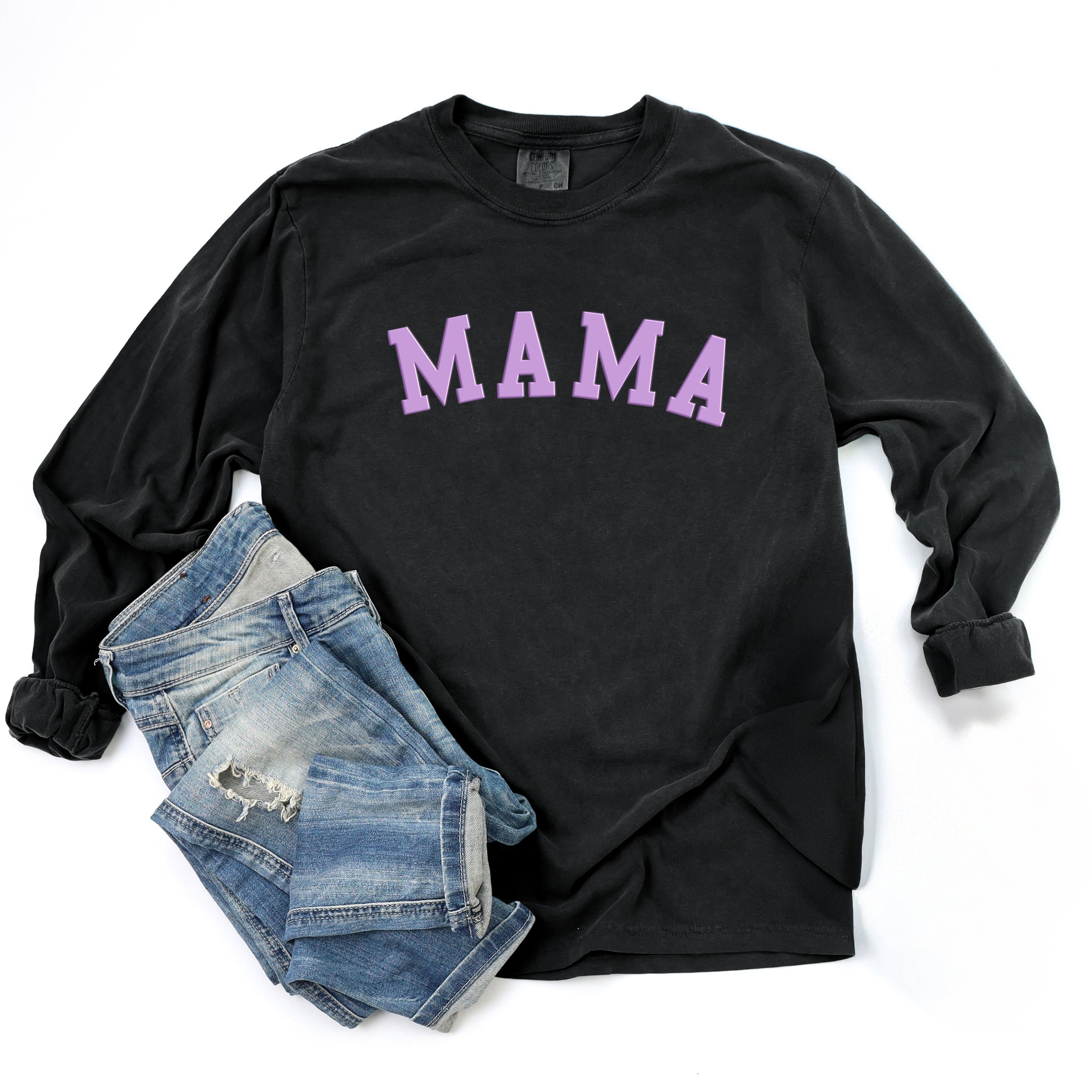 Mama Bold Puff Print - Women's Garment Dyed Long Sleeve Graphic T-Shirt