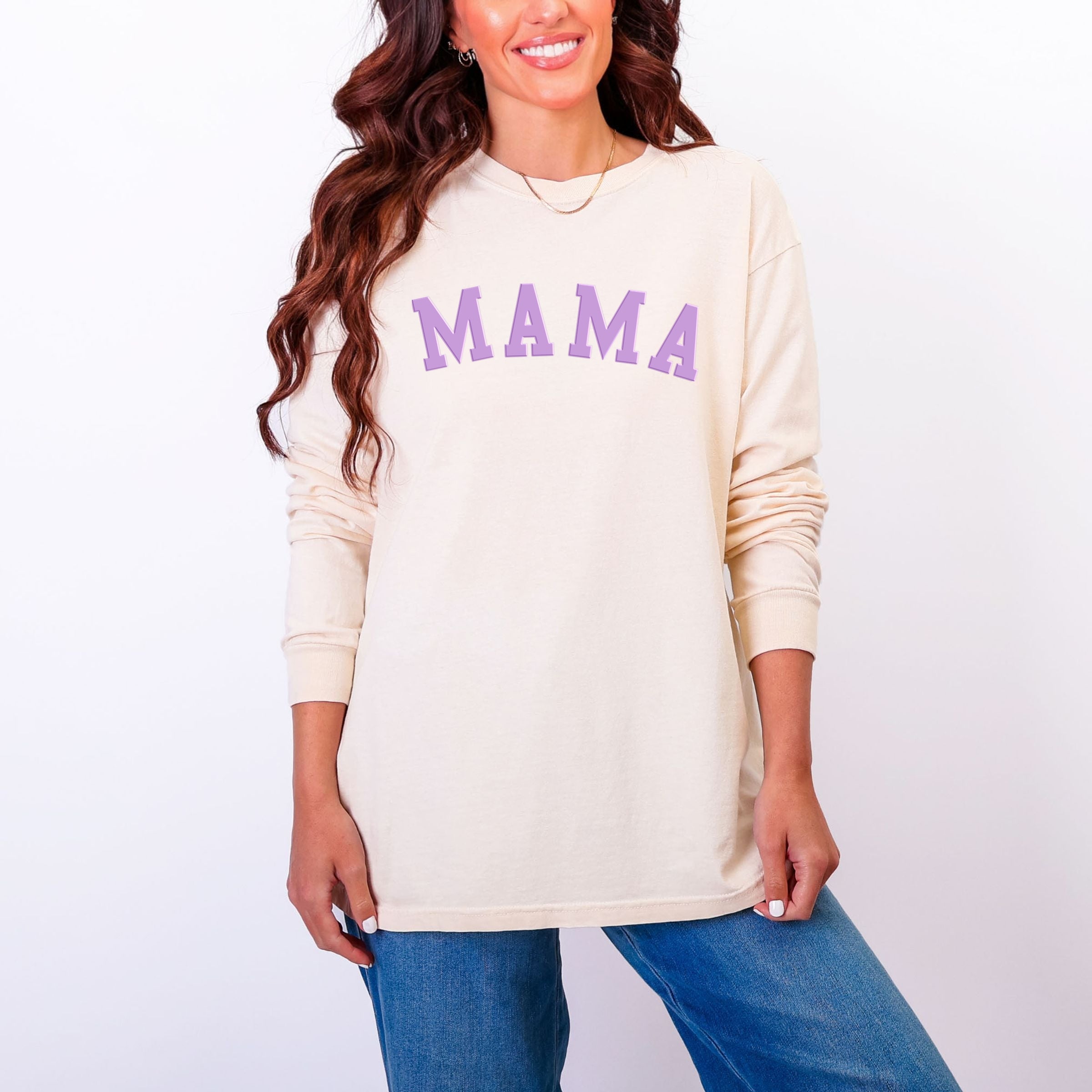 Mama Bold Puff Print - Women's Garment Dyed Long Sleeve Graphic T-Shirt