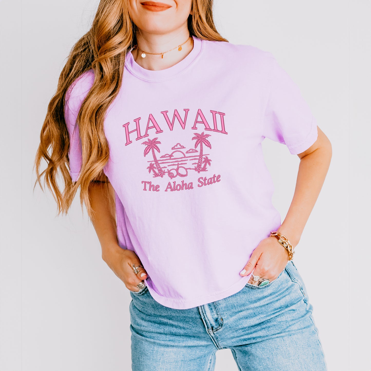 Embroidered Hawaii The Aloha State | Relaxed Fit Cropped Tee