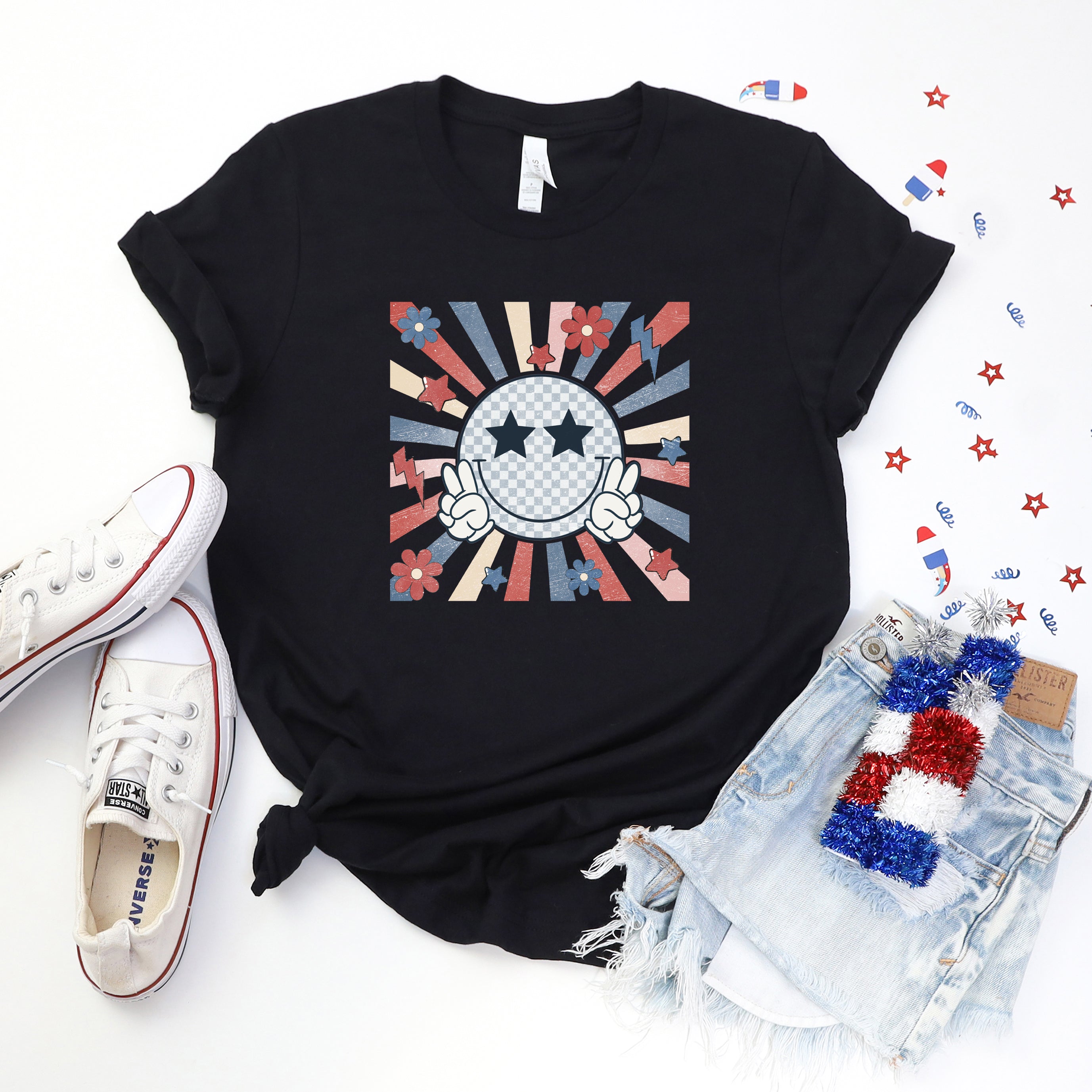 Smiley Peace Sign Flowers | Short Sleeve Graphic Tee