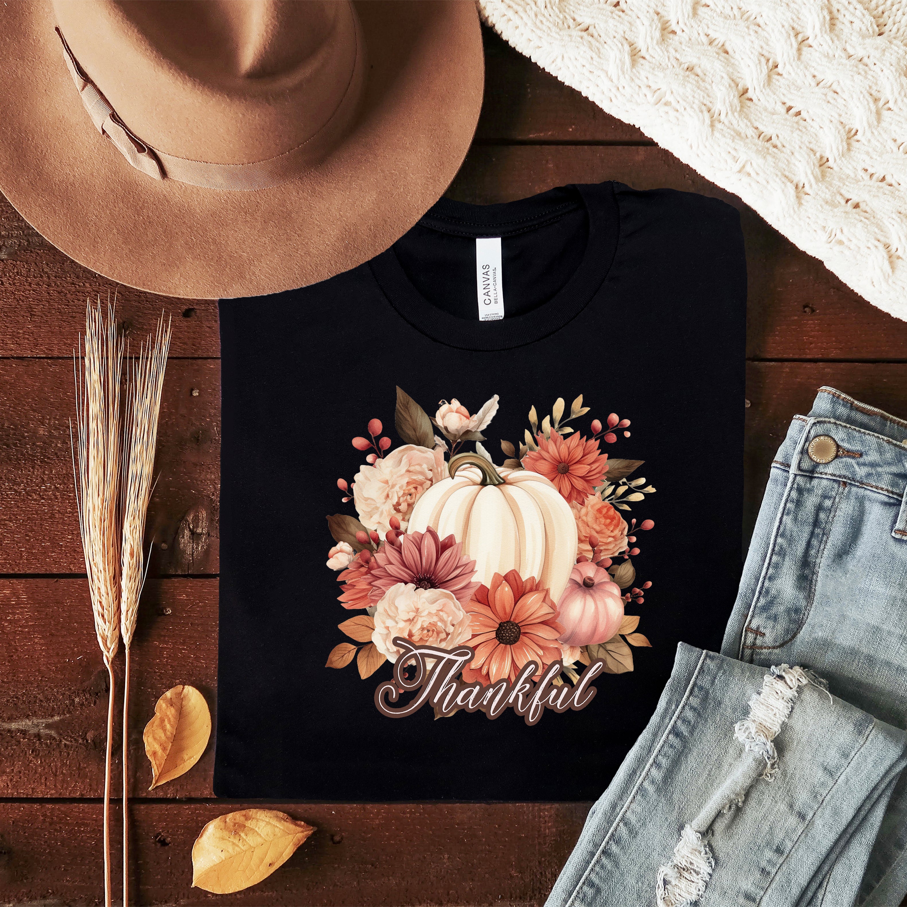 Thankful Pumpkin Floral | Short Sleeve Crew Neck