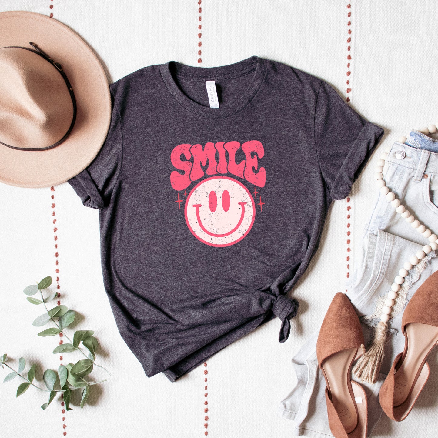 Pink Smiley Distressed | Short Sleeve Crew Neck