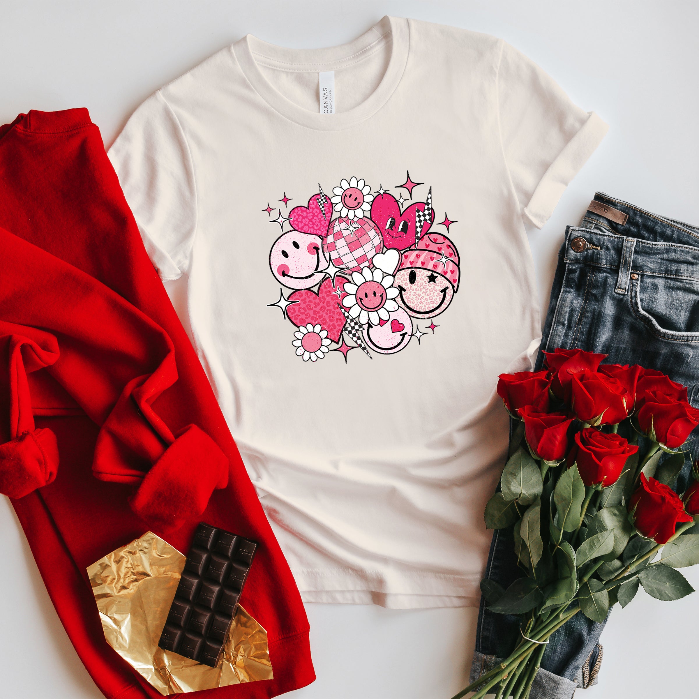 Pink Flower Hearts | Short Sleeve Crew Neck