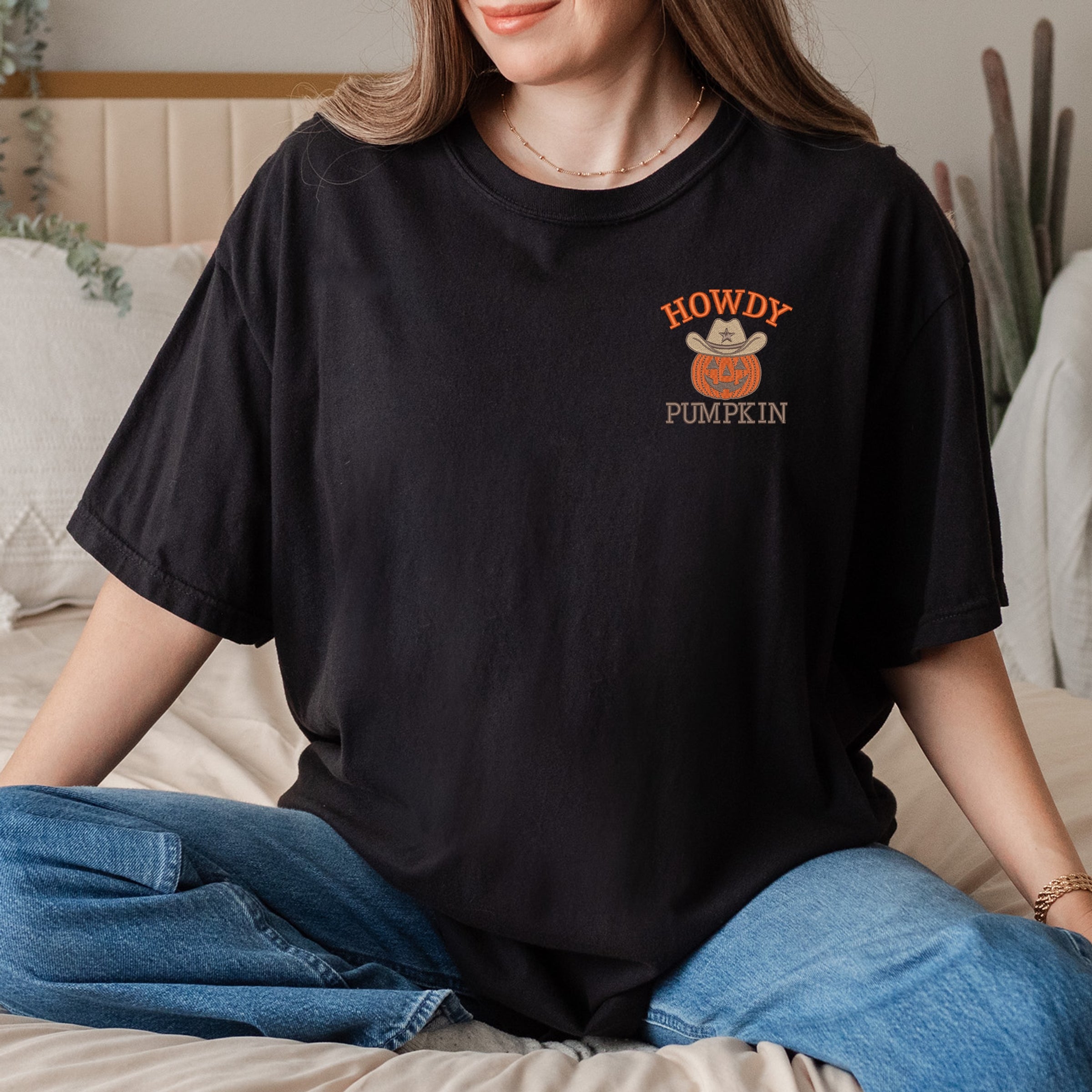 Embroidered Howdy Pumpkin - Women's Garment Dyed Tee