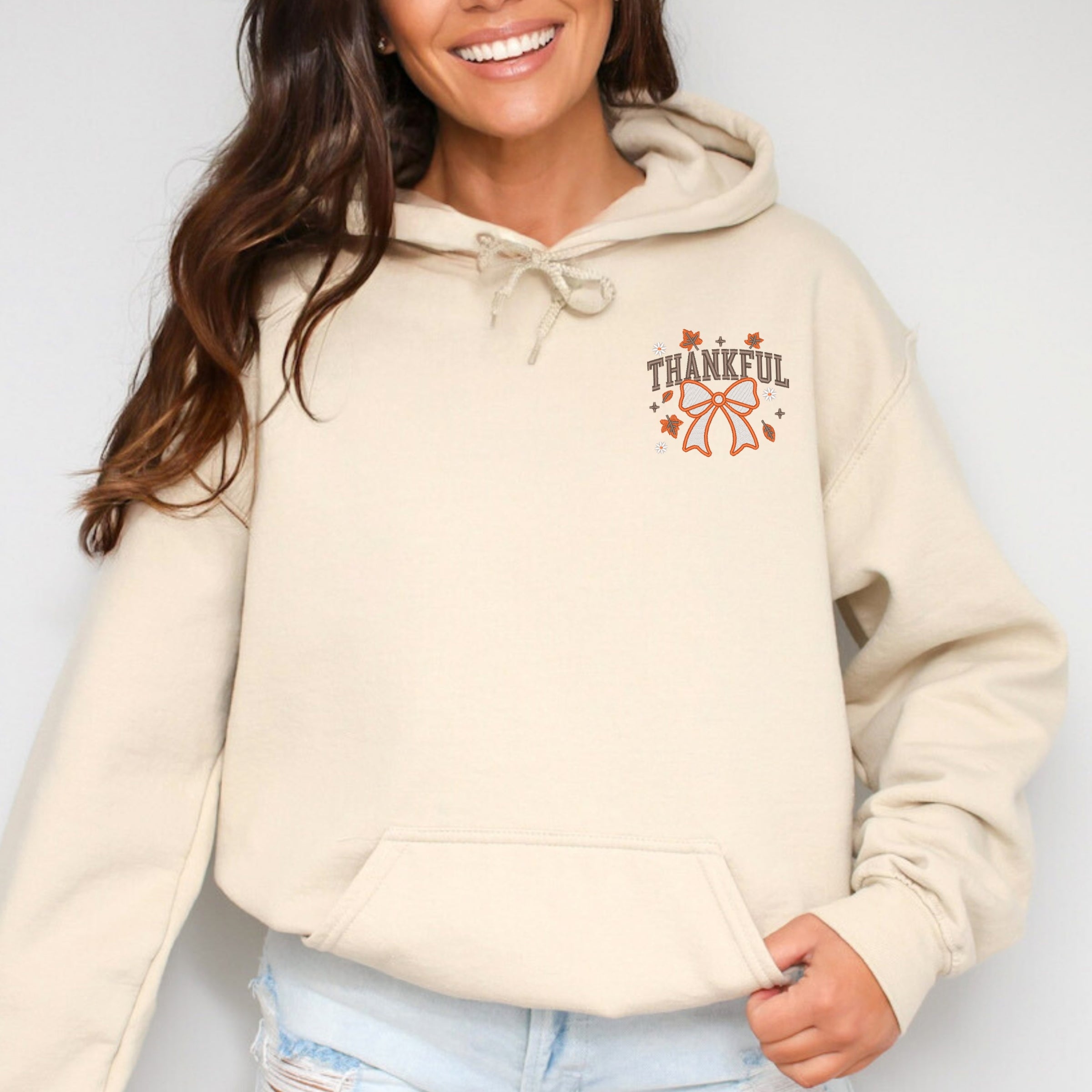 Embroidered Coquette Thankful - Women's Graphic Hoodie