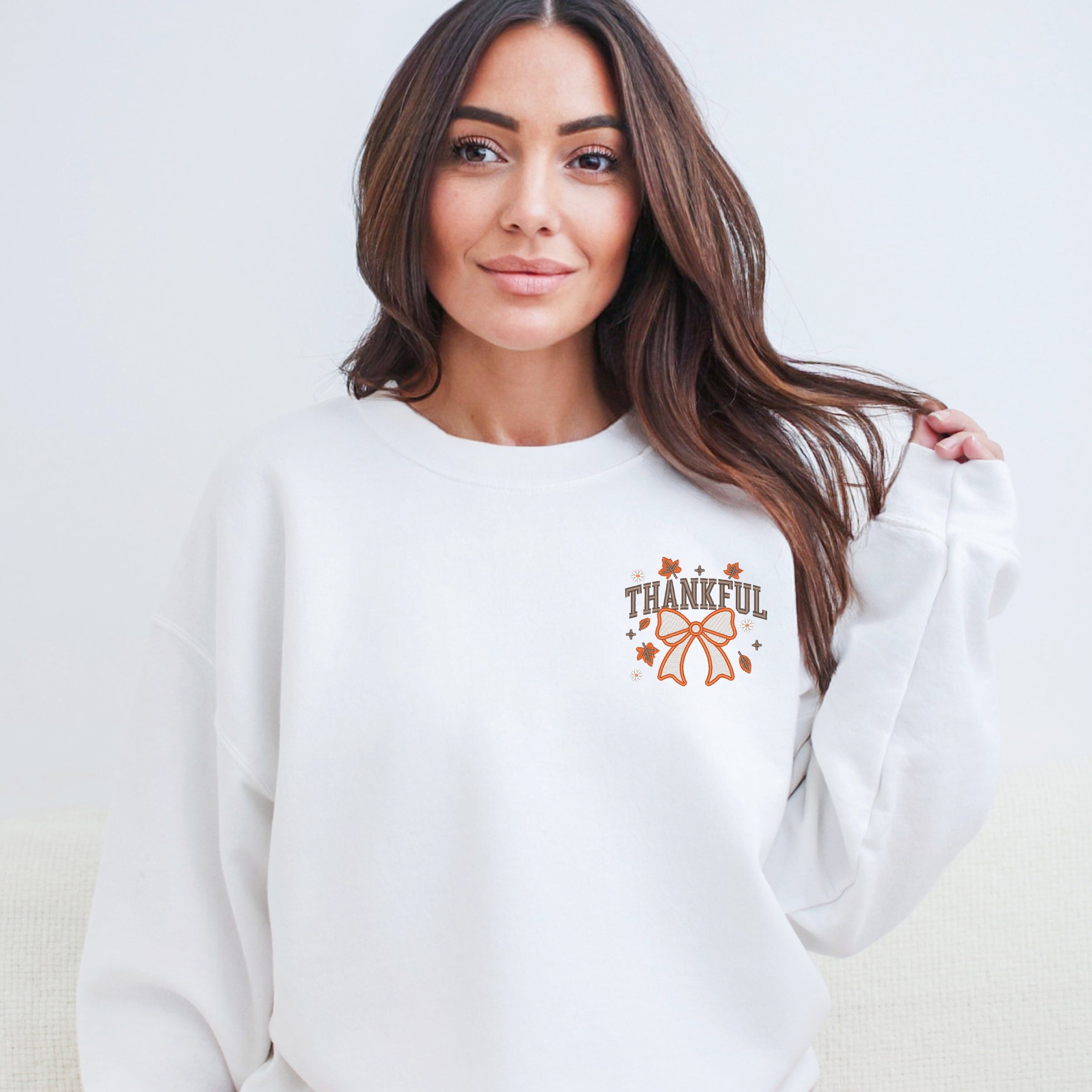 Embroidered Coquette Thankful - Women's Graphic Sweatshirt