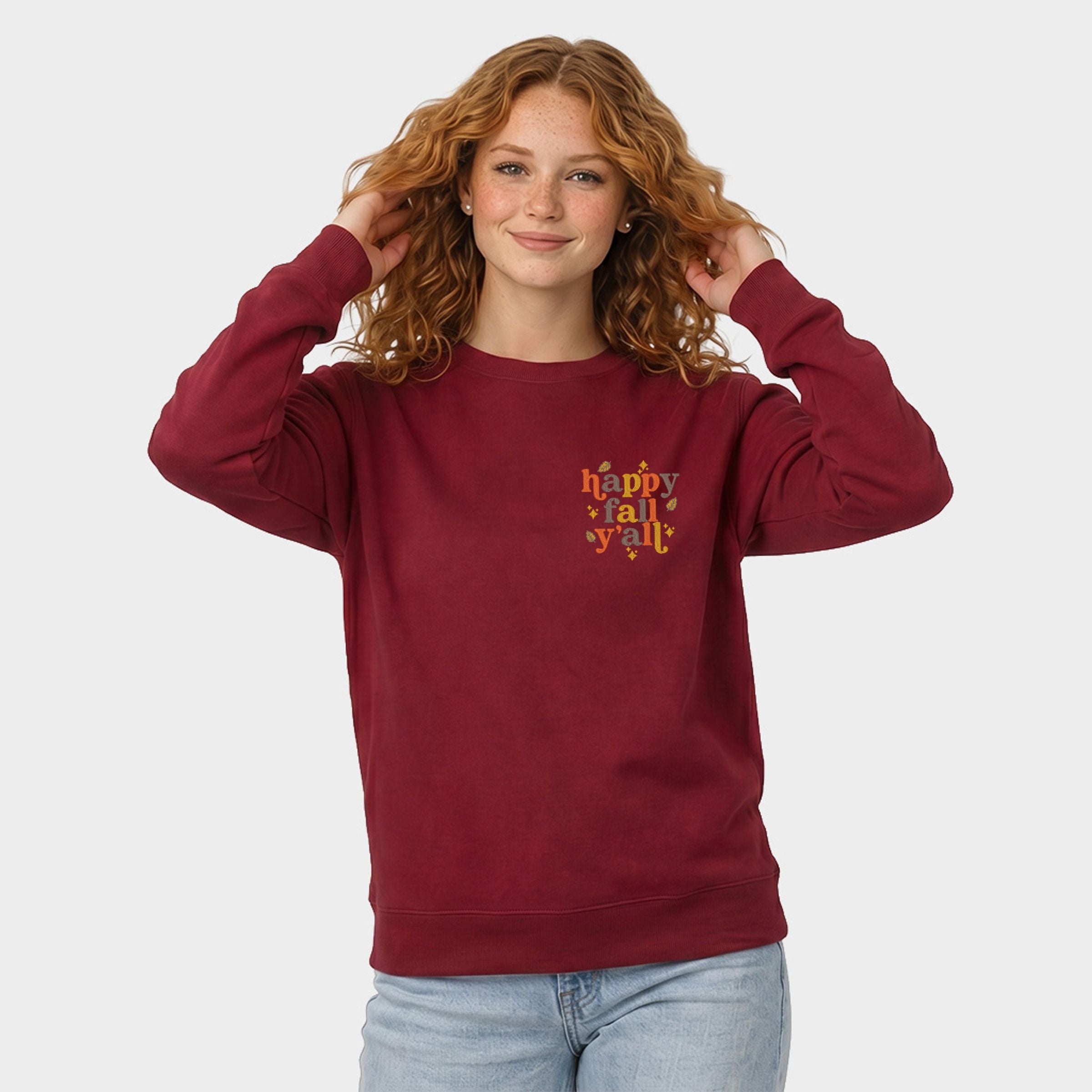 Embroidered Happy Fall Y'all Leaves - Women's Graphic Sweatshirt