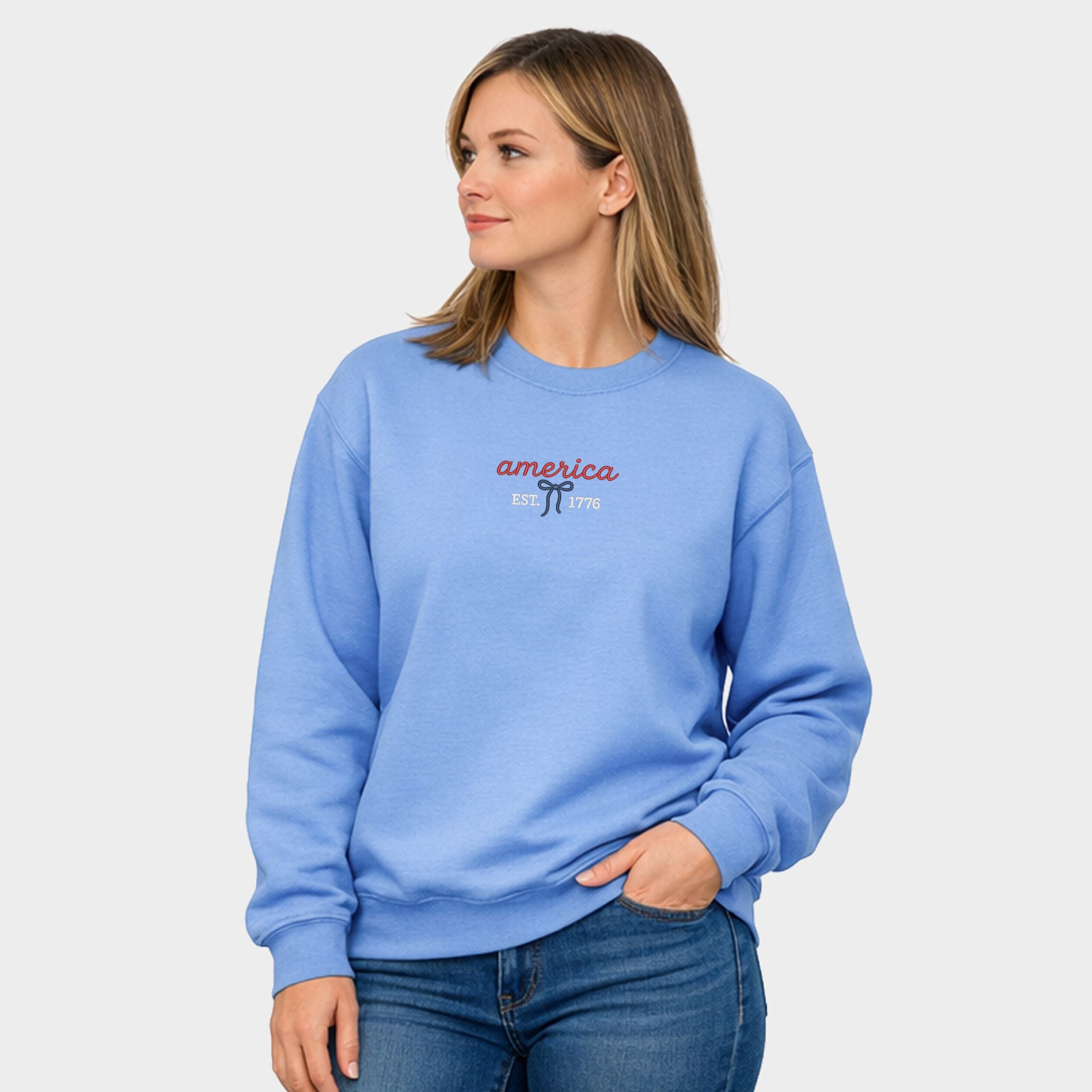 Embroidered Cursive America Bow - Women's Graphic Sweatshirt