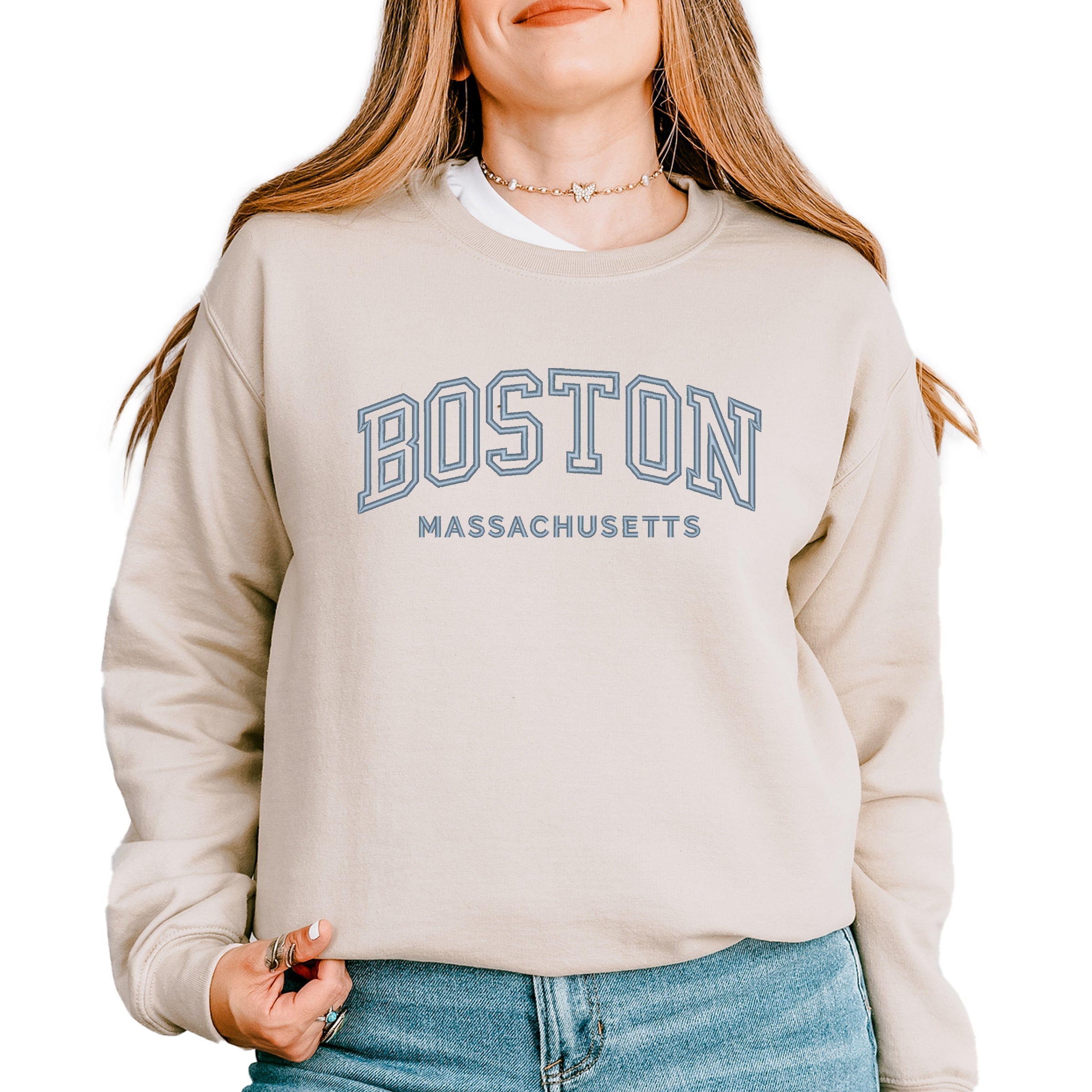 Embroidered Boston Massachusetts - Womens Graphic Sweatshirt