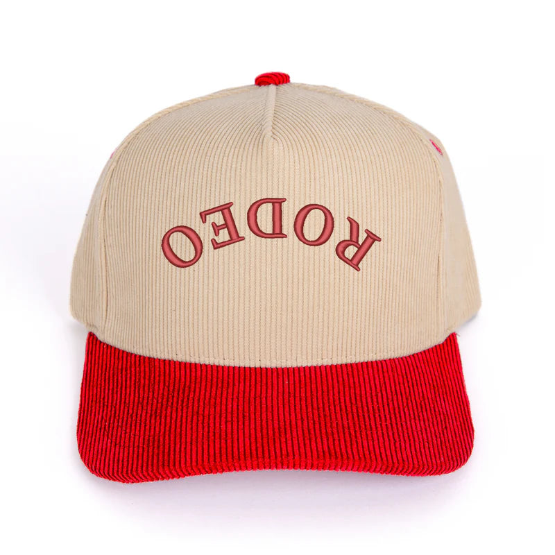 3D Puff Embroidered Rodeo Upside Down Arch - Women's Corduroy Trucker Hat