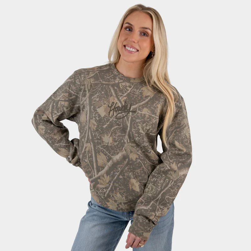 Embroidered Howdy Rope - Women's Heavyweight Camo Sweatshirt