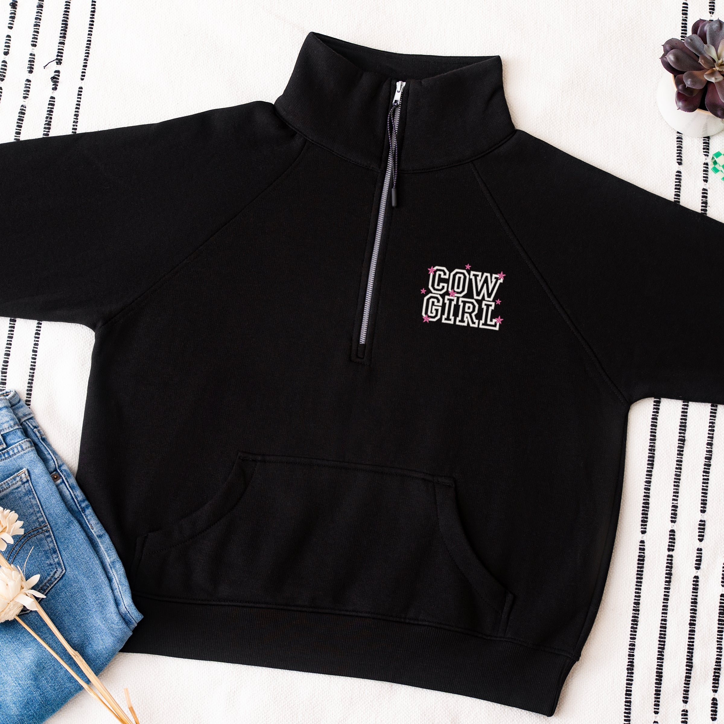 Embroidered Cow Girl Stacked - Women's Quarter Zip Fleece Graphic Sweatshirt