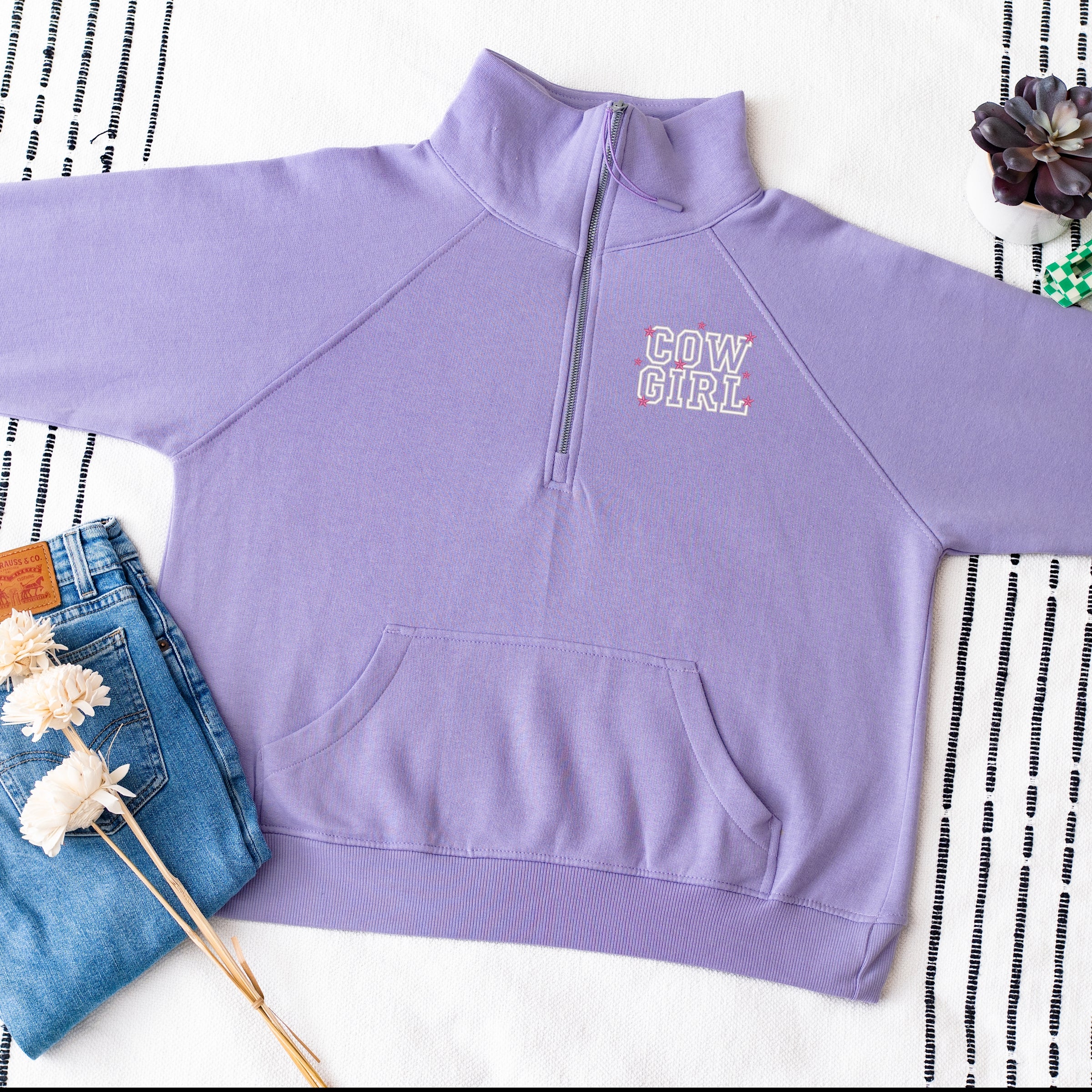 Embroidered Cow Girl Stacked - Women's Quarter Zip Fleece Graphic Sweatshirt